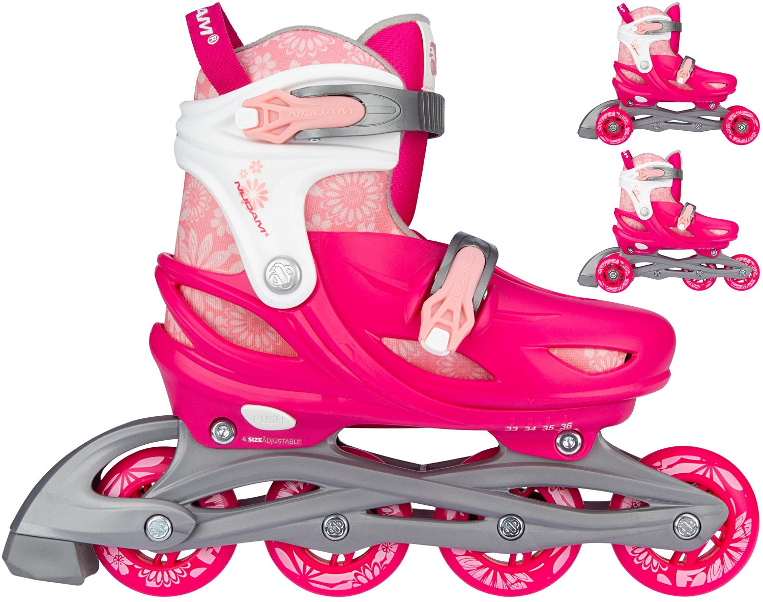 Nijdam 3-in-1 Inline Skates - Skeelers - Floral Switch - Fuchsia/Wit/Roze/Zilvergrijs - Verstelbaar - Maat 33-36