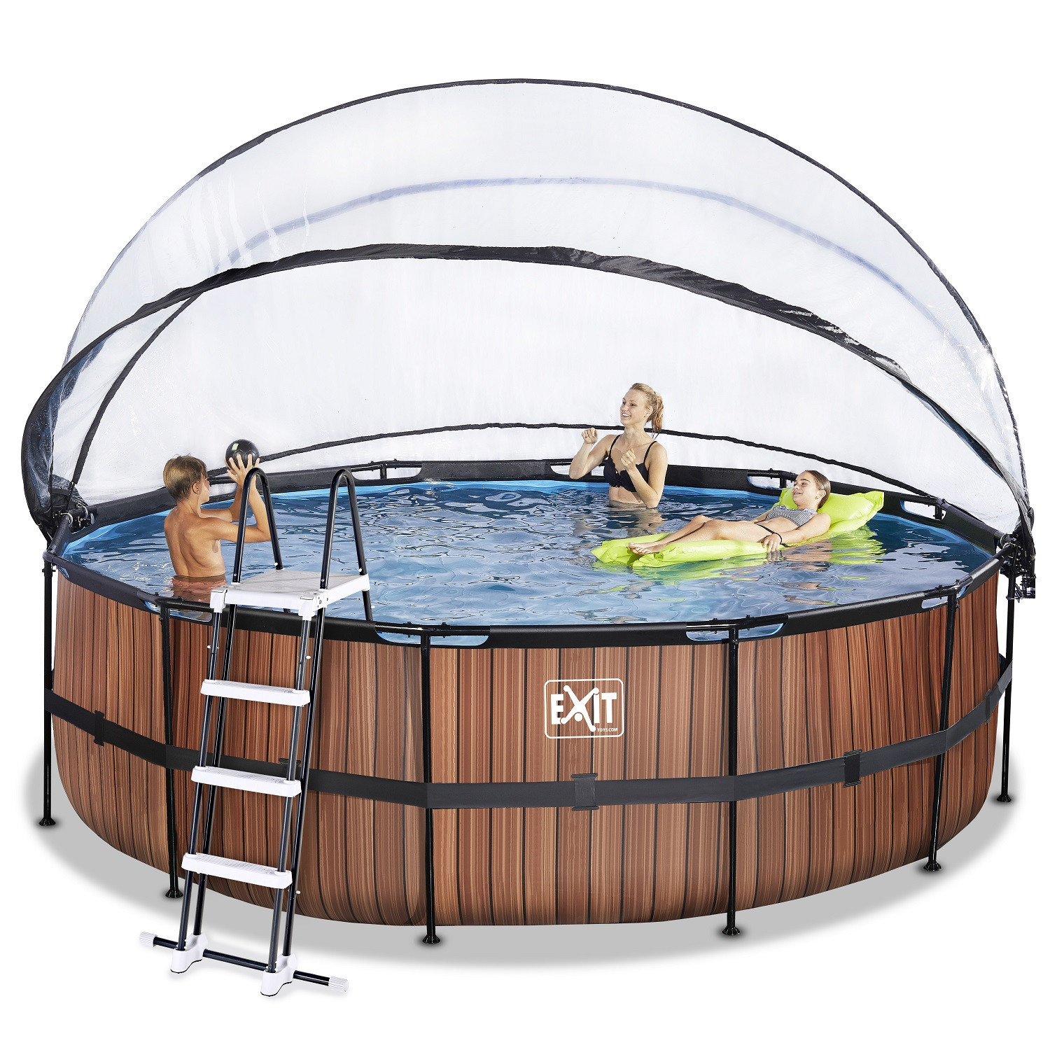 EXIT Frame Zwembad - Wood - ø 450 x 122 cm - met Overkapping en Zandfilterpomp - Bruin