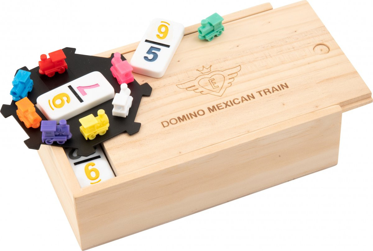Domino Dubbel 9 Mexican Train Spel - Nummers - Houten Kist - 55 Stenen