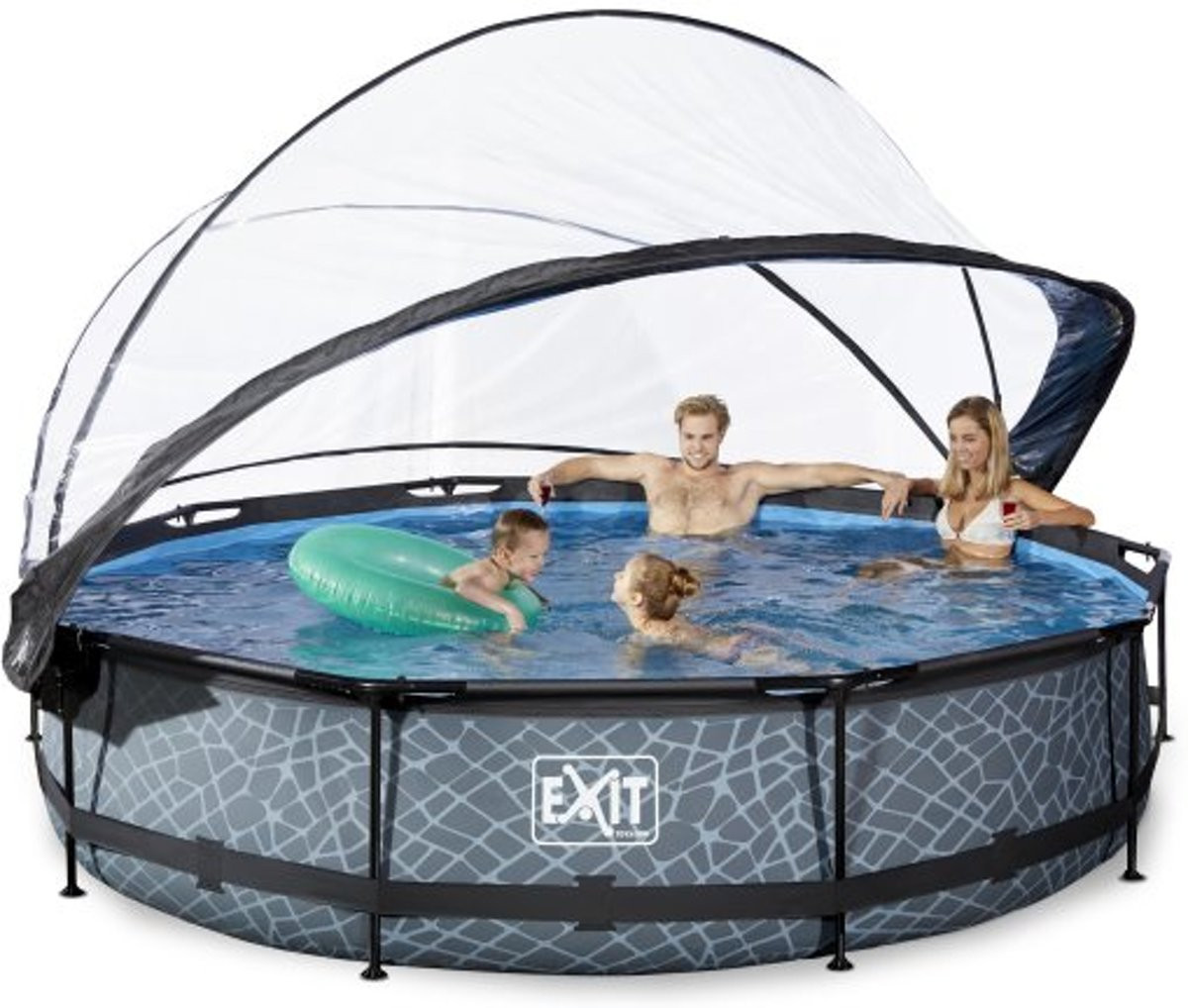 EXIT Frame Zwembad - Stone - ø 360 x 76 cm met Overkapping en Filterpomp - Grijs