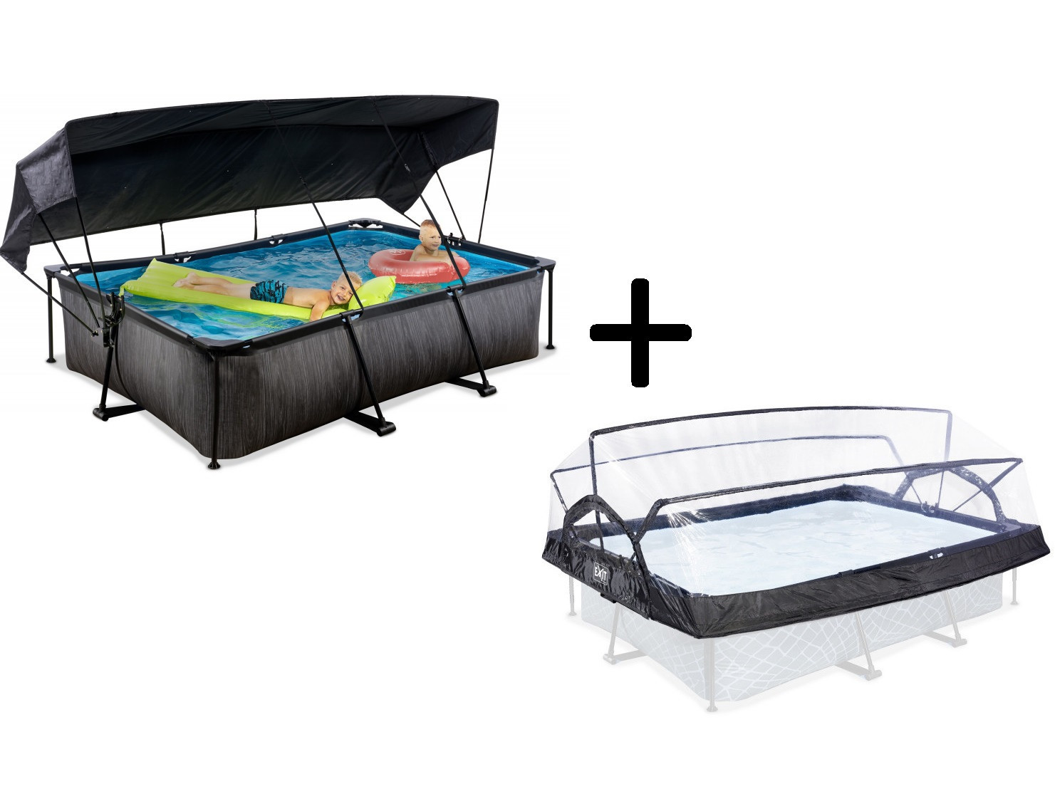 EXIT Frame Zwembad - Black Wood - 220 x 150 x 65 cm - met Overkapping, Zonnedak en Cartridge Filterpomp - Limited Edition