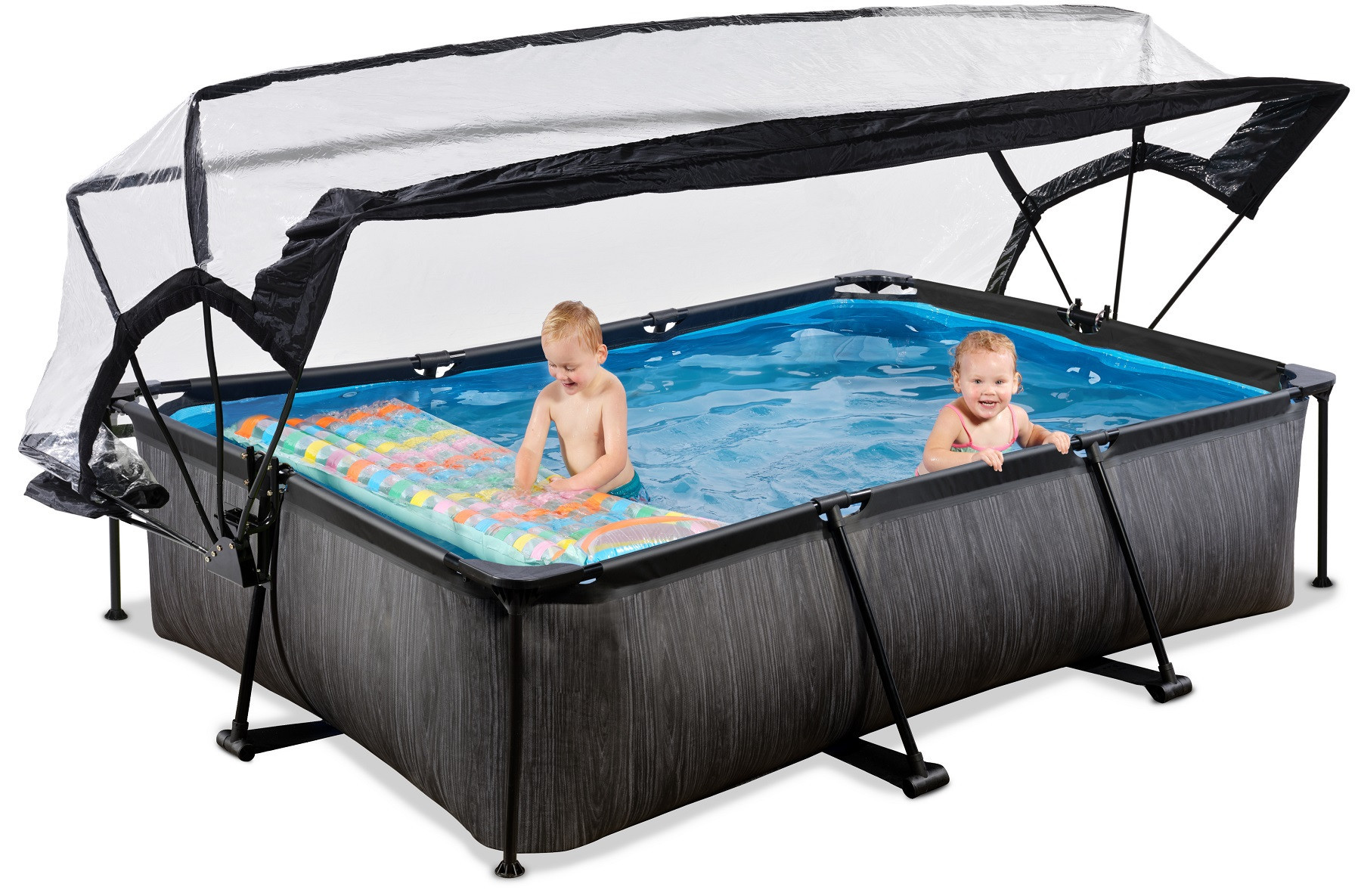 EXIT Frame Zwembad - Black Wood - 220 x 150 x 65 cm - met Overkapping en Cartridge Filterpomp - Zwart - Limited Edition