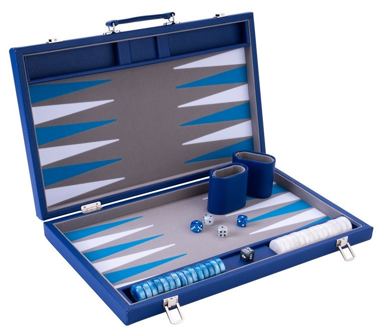 Backgammon Spel - 15 Inch - Grijs, Blauw & Wit - Ingelegd