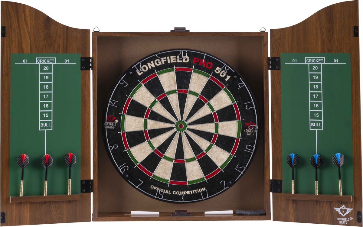 Sisal Dartbord met Houten Dartkabinet - Bruin - Inclusief Pijlen