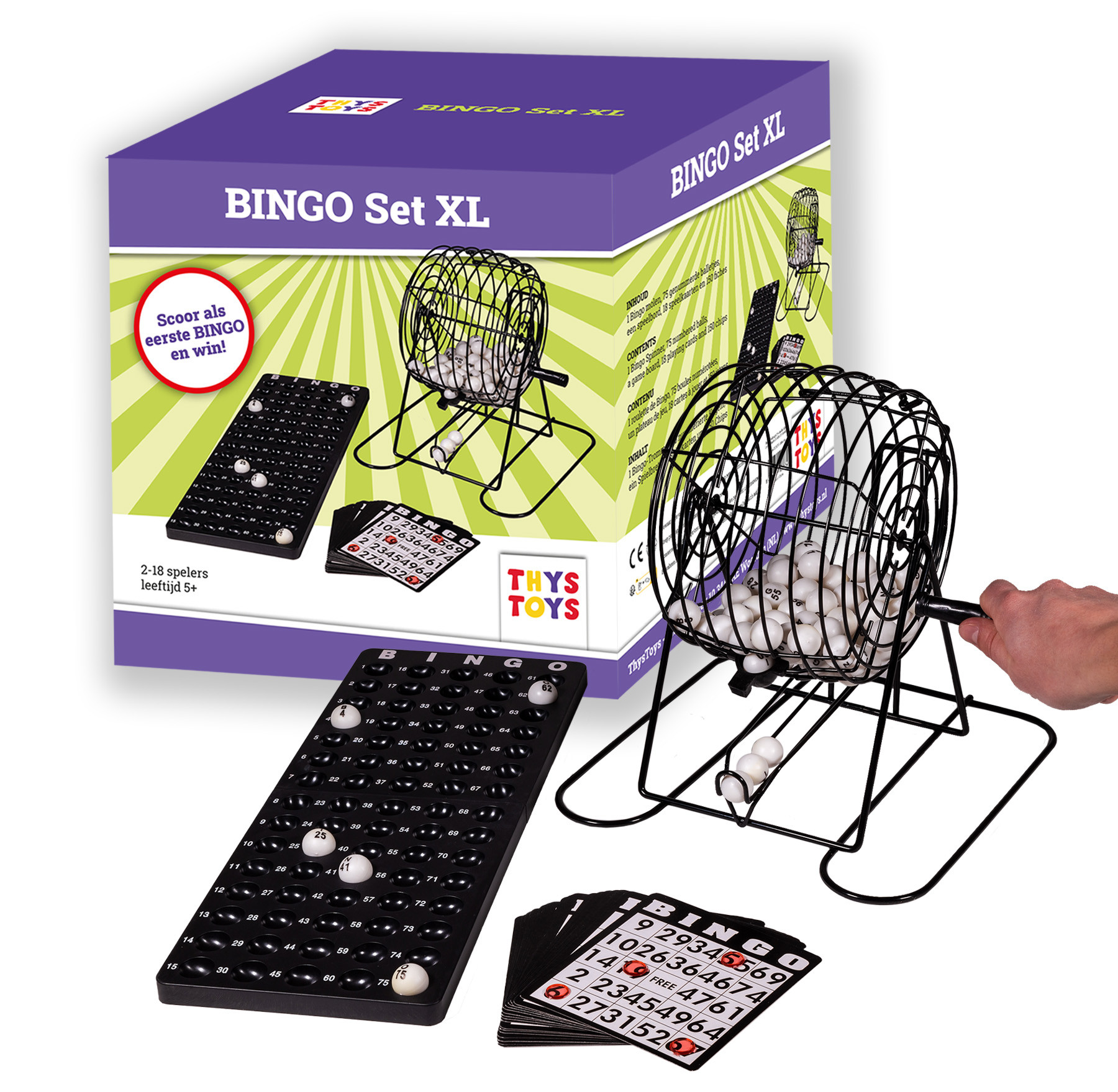Bingomolen XL - 30 cm - Groot - Bingospel - Metalen zwarte molen - Complete set inclusief 75 Bingo ballen - Bingo kaarten - Fishes - Controle bord - Korf 20 cm