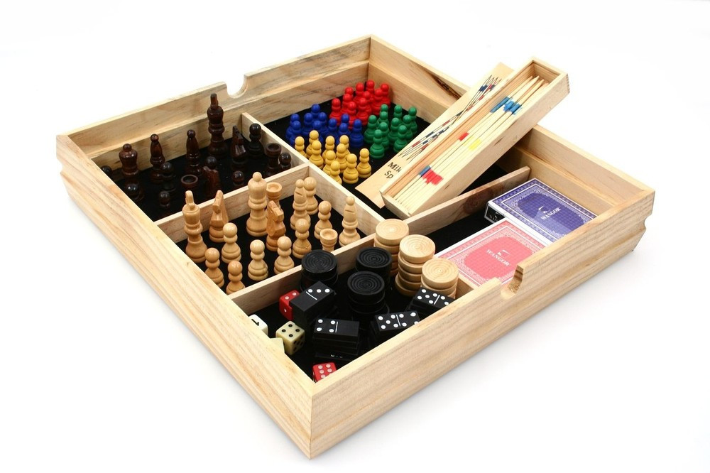 Meerspellen Cassette - Hout - Bordspel - Schaken - Dammen - Domino - Backgammon - Ludo - Halma - Mikado - Kaartspel - Dobbelspel in houten opbergdoos