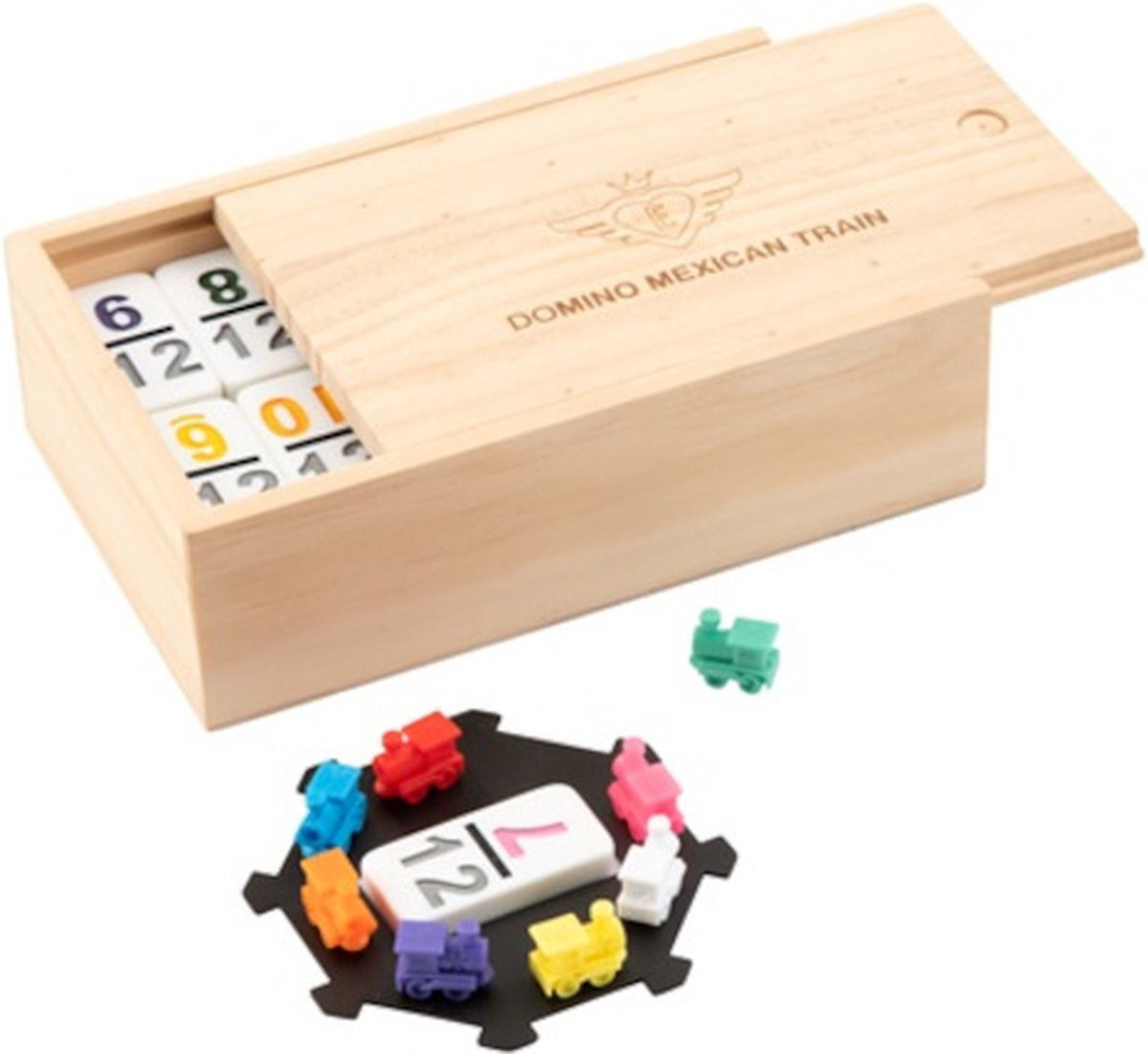 Engelhart Dominospel Mexican Train - Dubbel 9 - Hout - 65-delig - Naturel / Wit