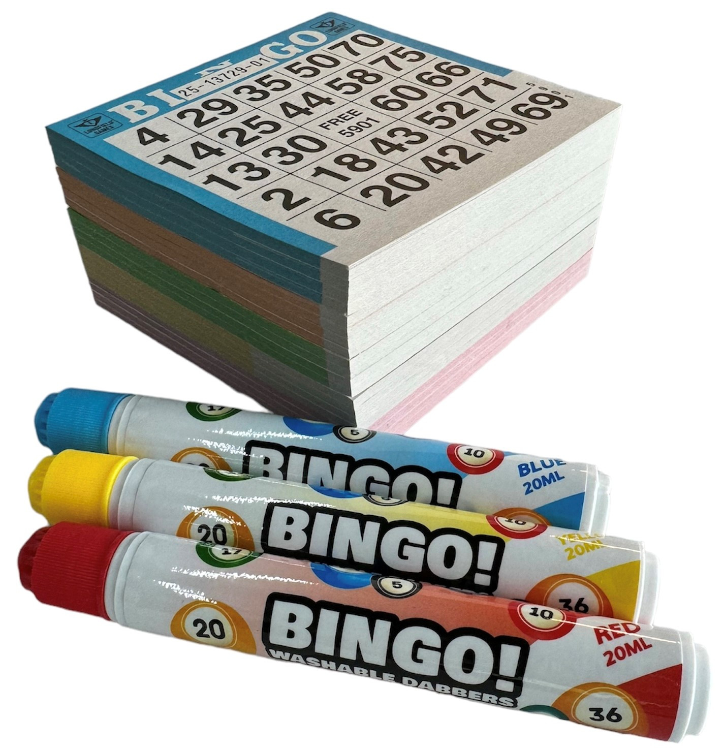 Bingokaarten en Bingostiften set - 5x 100 verschillende kleuren Bingoblok 1-75 - 3x Bingo dabbers