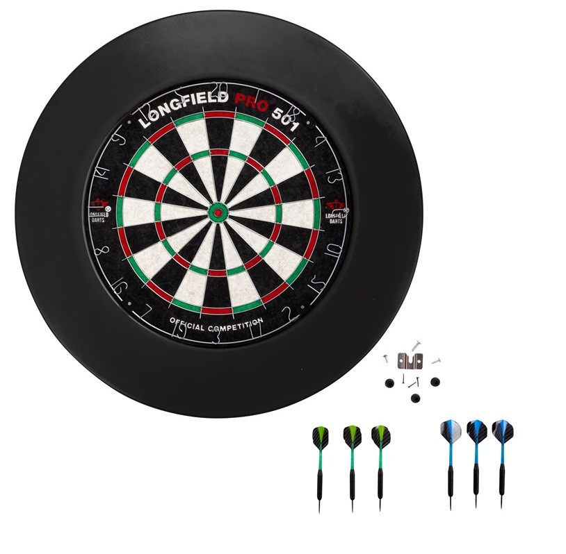 Dartboard Sisal Pro501 inclusief PU Surround Ring - Zwart - met 2 Sets Darts 22 Gram