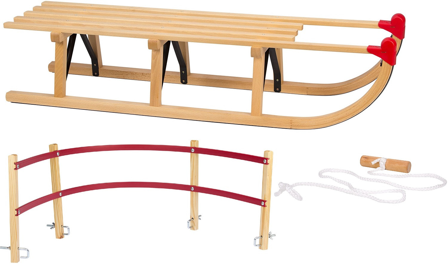 Nijdam Davos Slee - Slede met Rugleuning en Trekkoord - XL - 110 cm - Hout - Rood