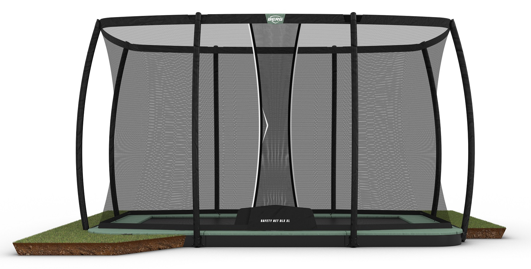 BERG Trampoline Ultim Champion ECO met Veiligheidsnet - Safetynet Deluxe XL - Flatground - 410 x 250 cm - Groen - Airflow PRO Springmat - Twinspring