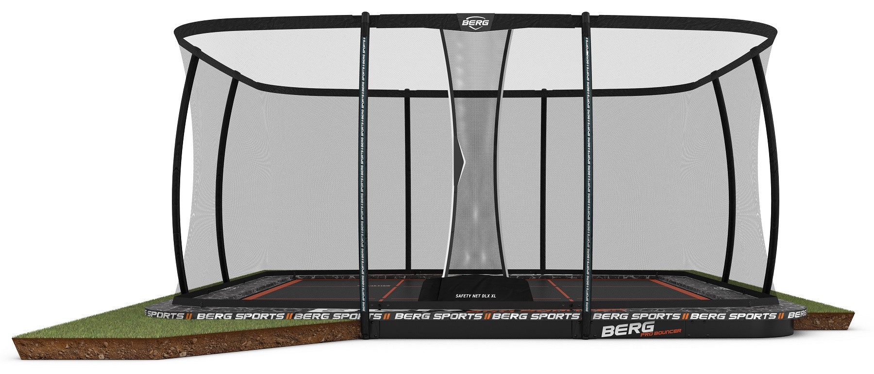 BERG Trampoline Ultim Pro Bouncer met Veiligheidsnet - Safetynet Deluxe XL -  FlatGround - 500 x 500 cm - Airflow PRO Springmat - Twinspring PRO
