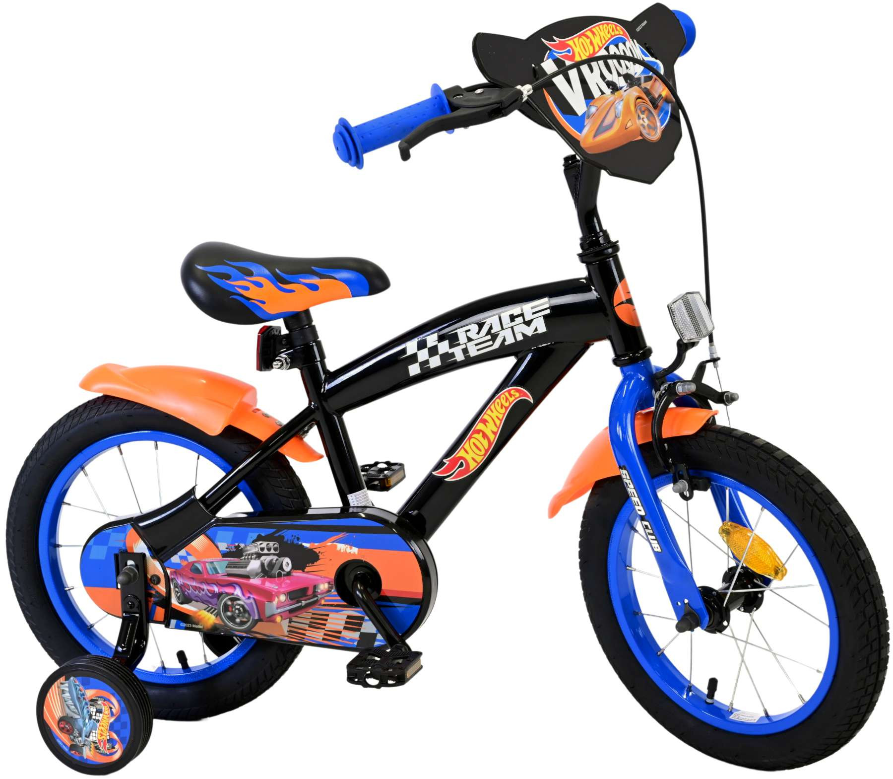 Volare Hot Wheels Kinderfiets - 14 Inch - Zwart Oranje Blauw - Handrem & Terugtraprem