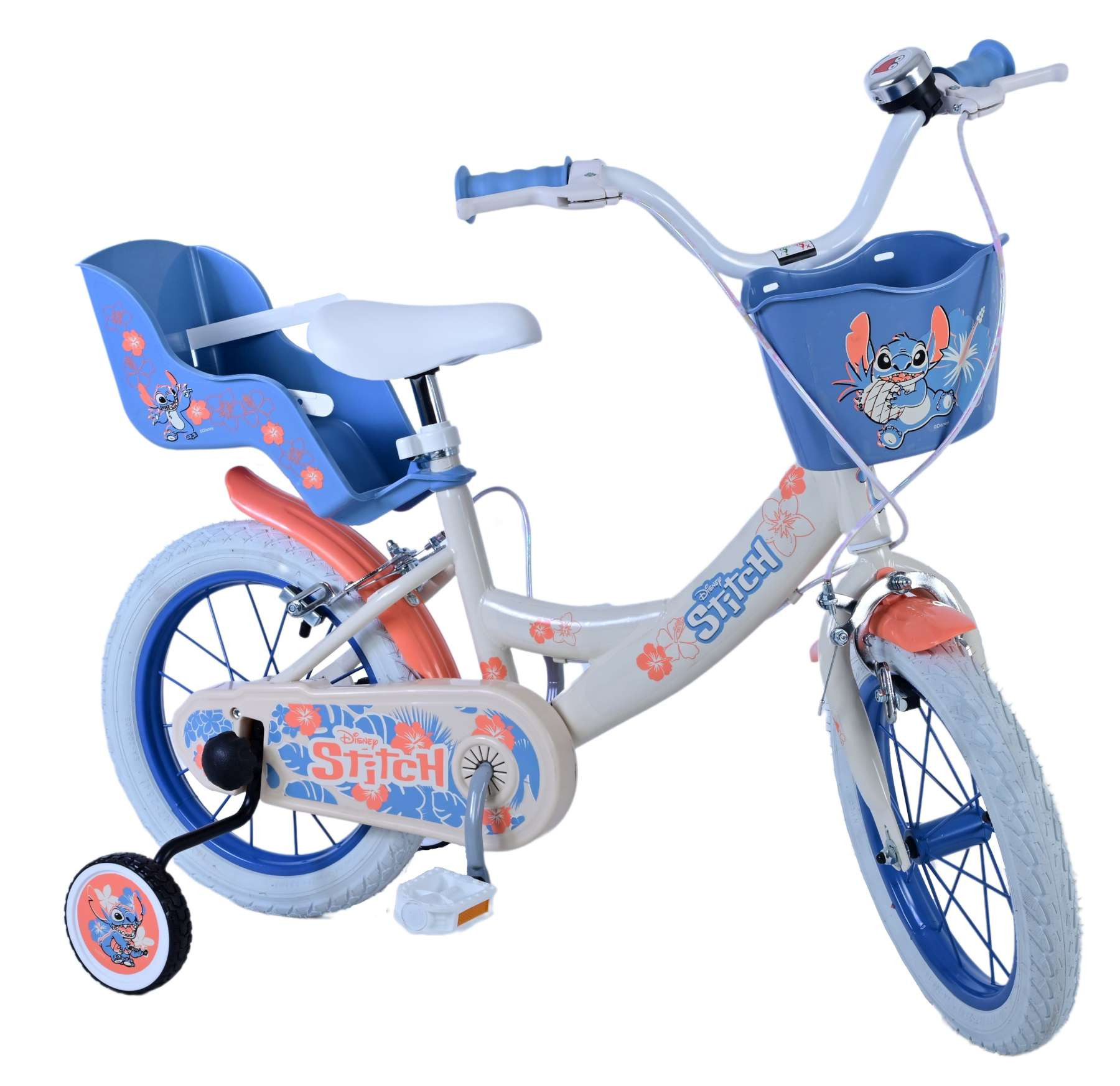 Volare Disney Stitch Kinderfiets - 14 Inch - Creme Koraal Blauw - Twee Handremmen