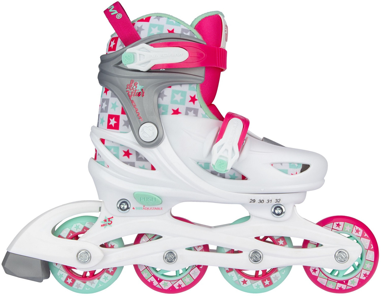 Nijdam Inline Skates - Skeelers - Sk8 Star - Wit/Fuchsia/Mintgroen/Zilvergrijs - Verstelbaar - Maat 33-36