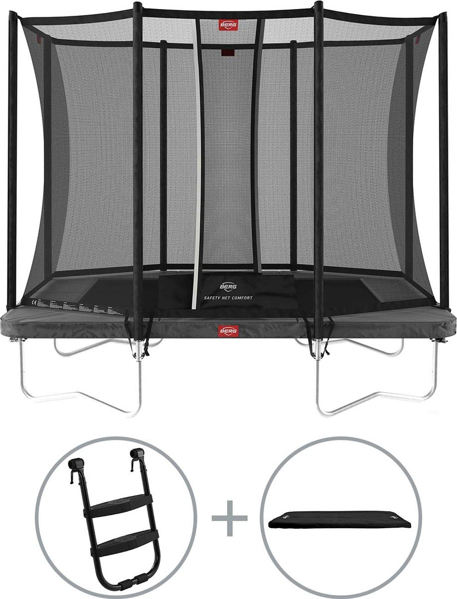 BERG Trampoline Ultim Favorit met Veiligheidsnet - Safetynet Comfort - 280 x 190 cm - Antraciet Grijs met Ladder en Afdekhoes