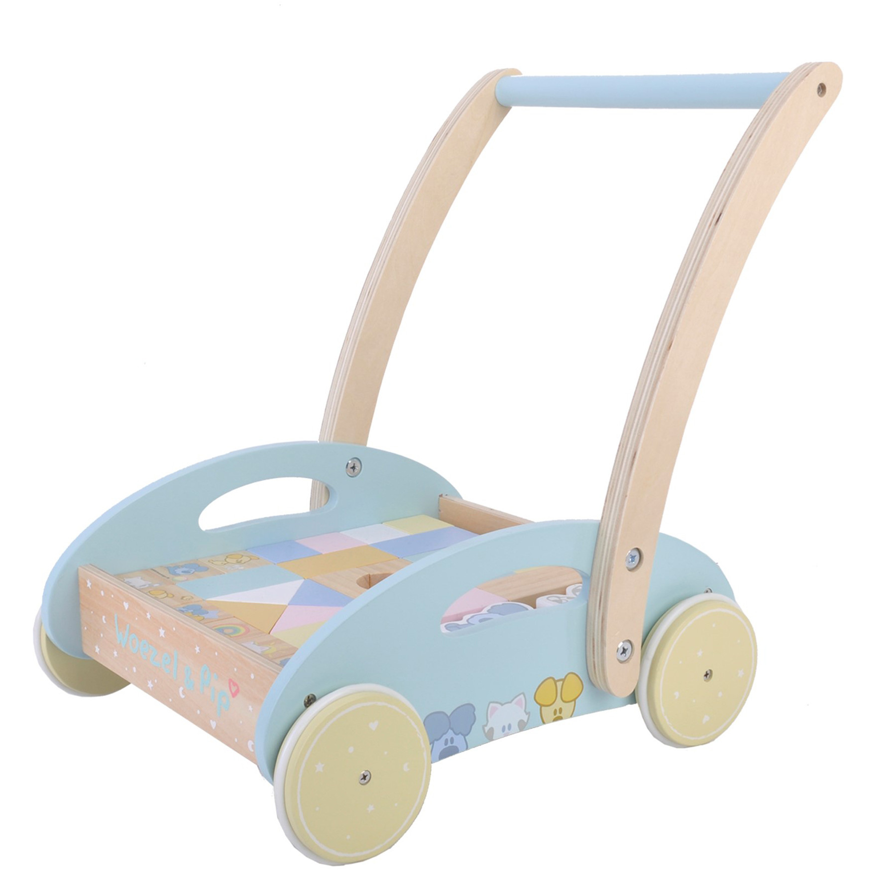 Woezel en Pip - Houten Blokkenkar - Loopwagen - Blauw