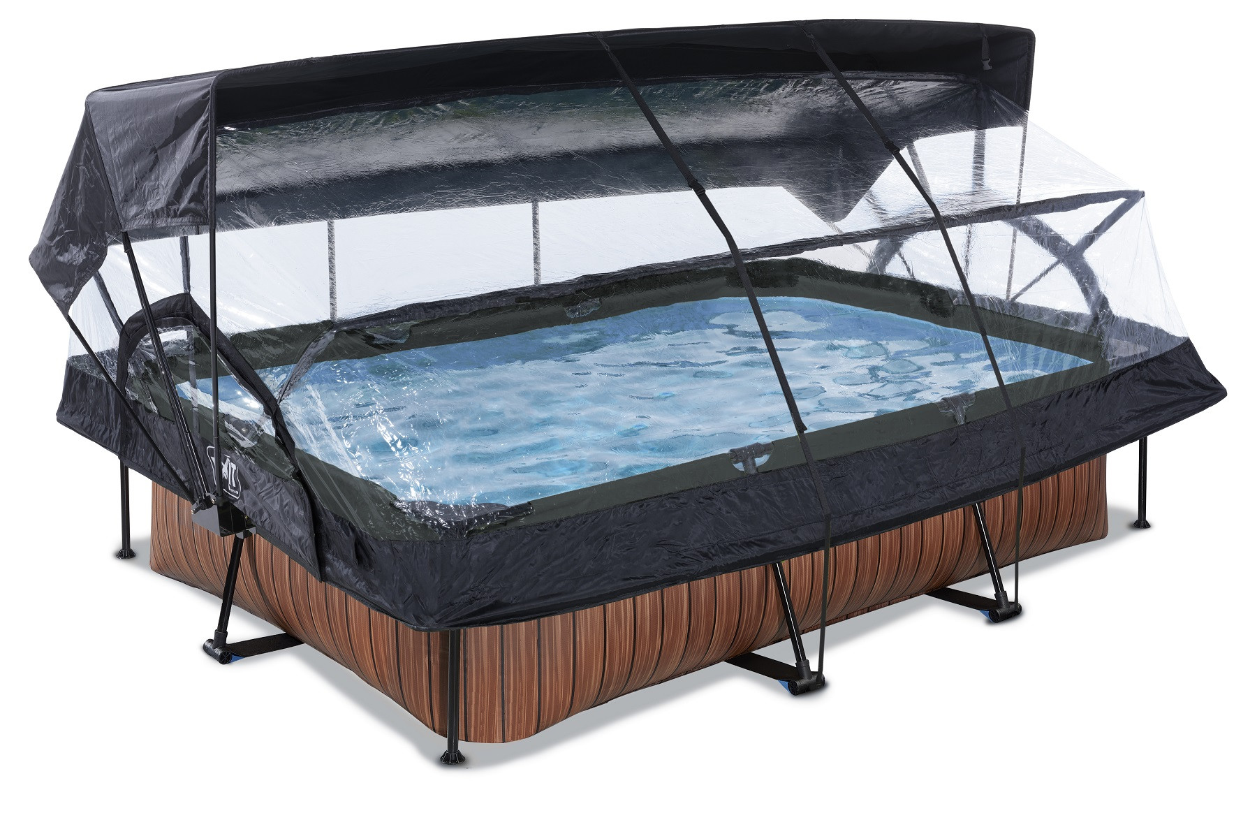 EXIT Frame Zwembad - Wood - 220 x 150 x 65 cm - met Overkapping, Zonnedak en 12v Cartridge Filterpomp - Bruin