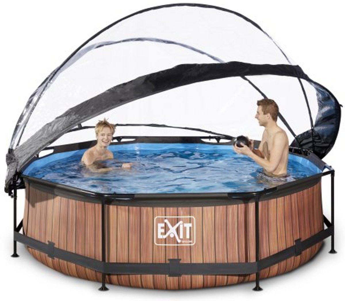 EXIT Frame Zwembad - Wood - ø 300 x 76 cm met Overkapping en Filterpomp - Bruin
