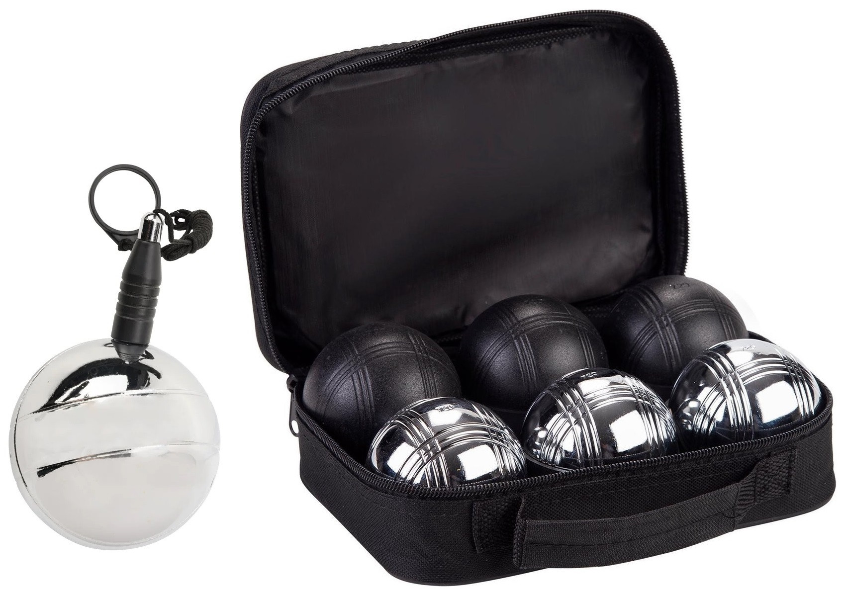 Jeu de Boules - 6 Ballen in tas - Zwart / Zilver - met magneet met koord.