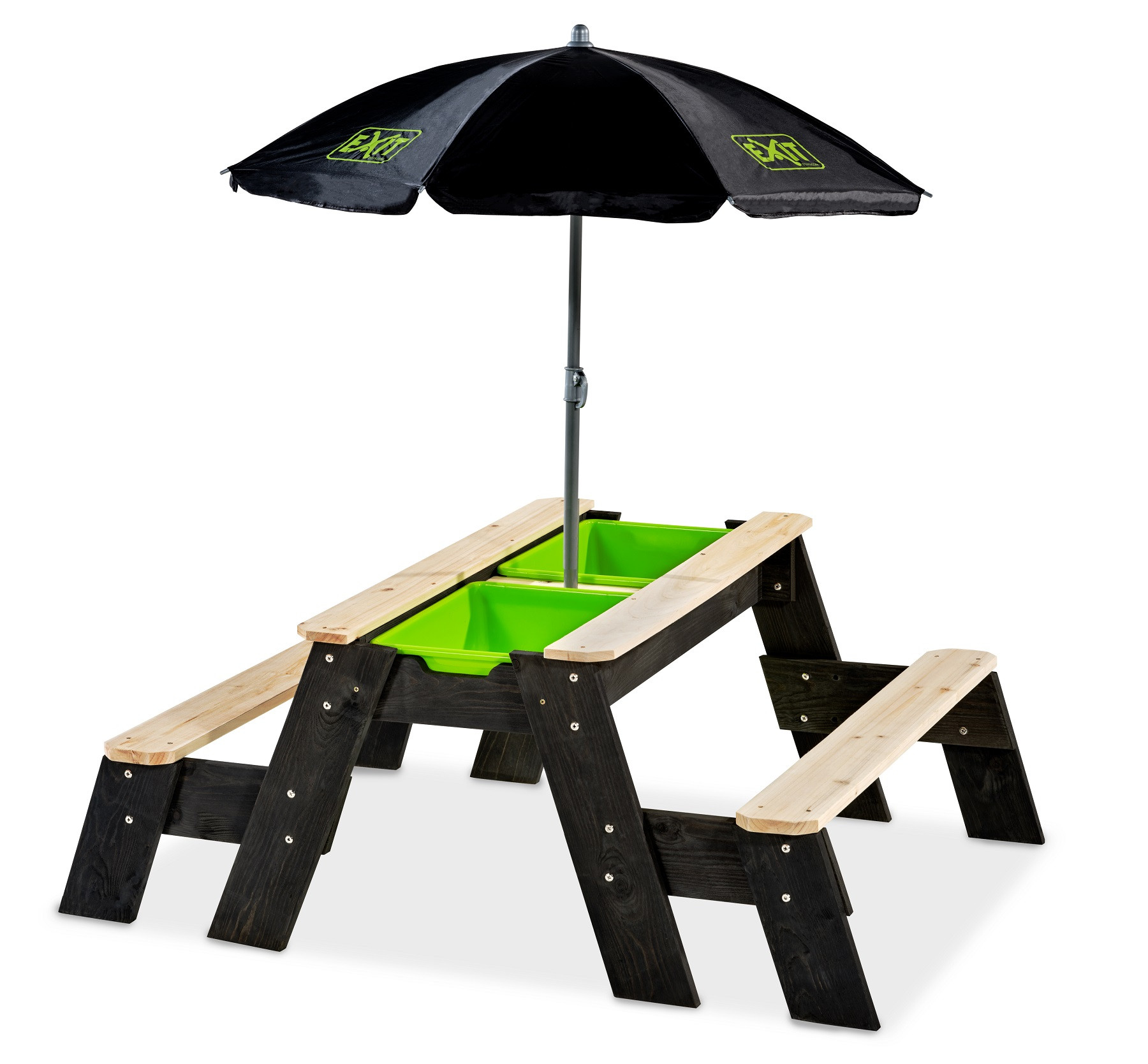 EXIT Aksent Zandtafel Watertafel en Picknicktafel - met 2 Bankjes en Parasol - Zwart - Limited Edition