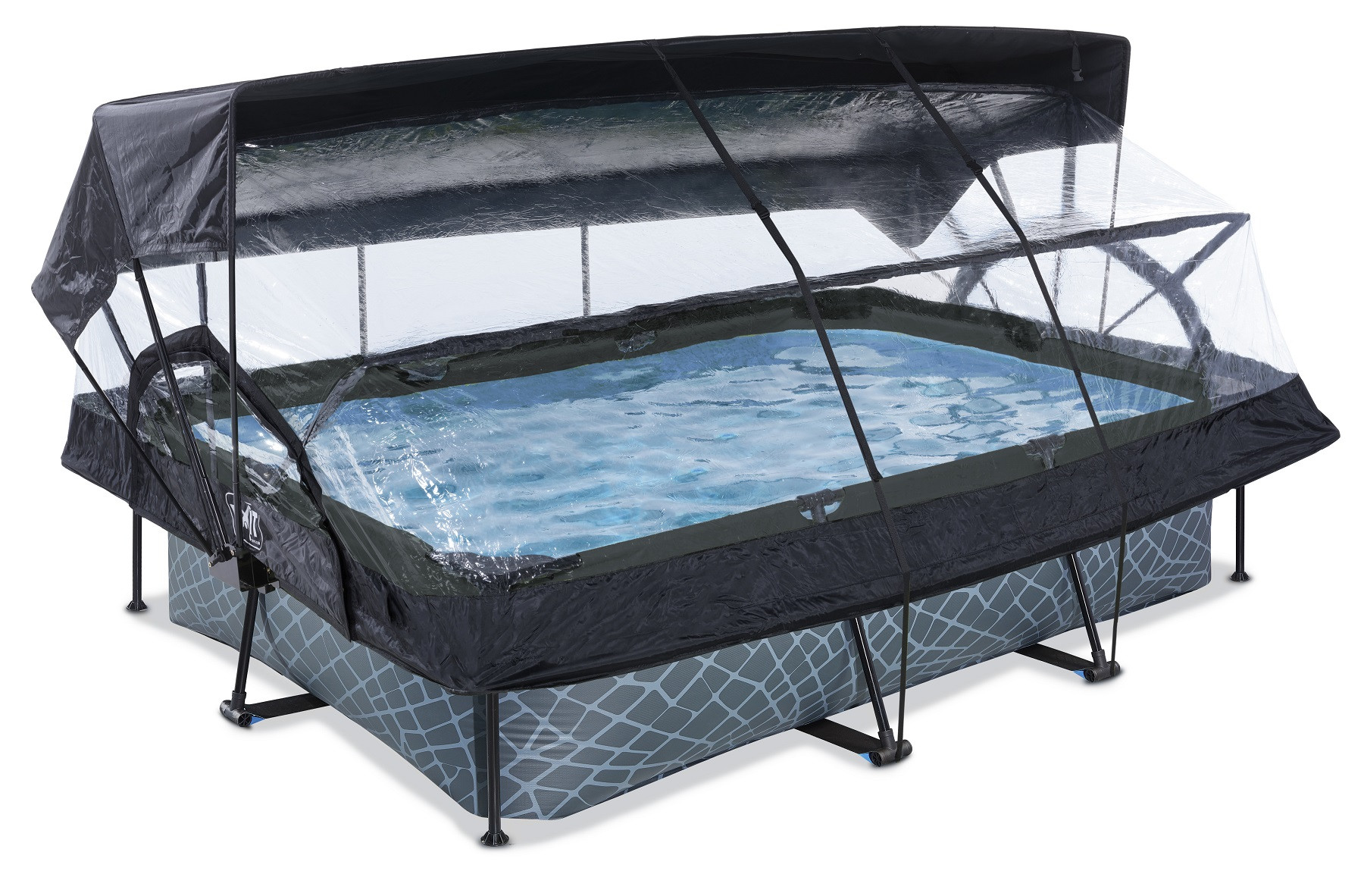 EXIT Frame Zwembad - Stone - 220 x 150 x 65 cm met Overkapping, Zonnedak en Cartridge Filterpomp