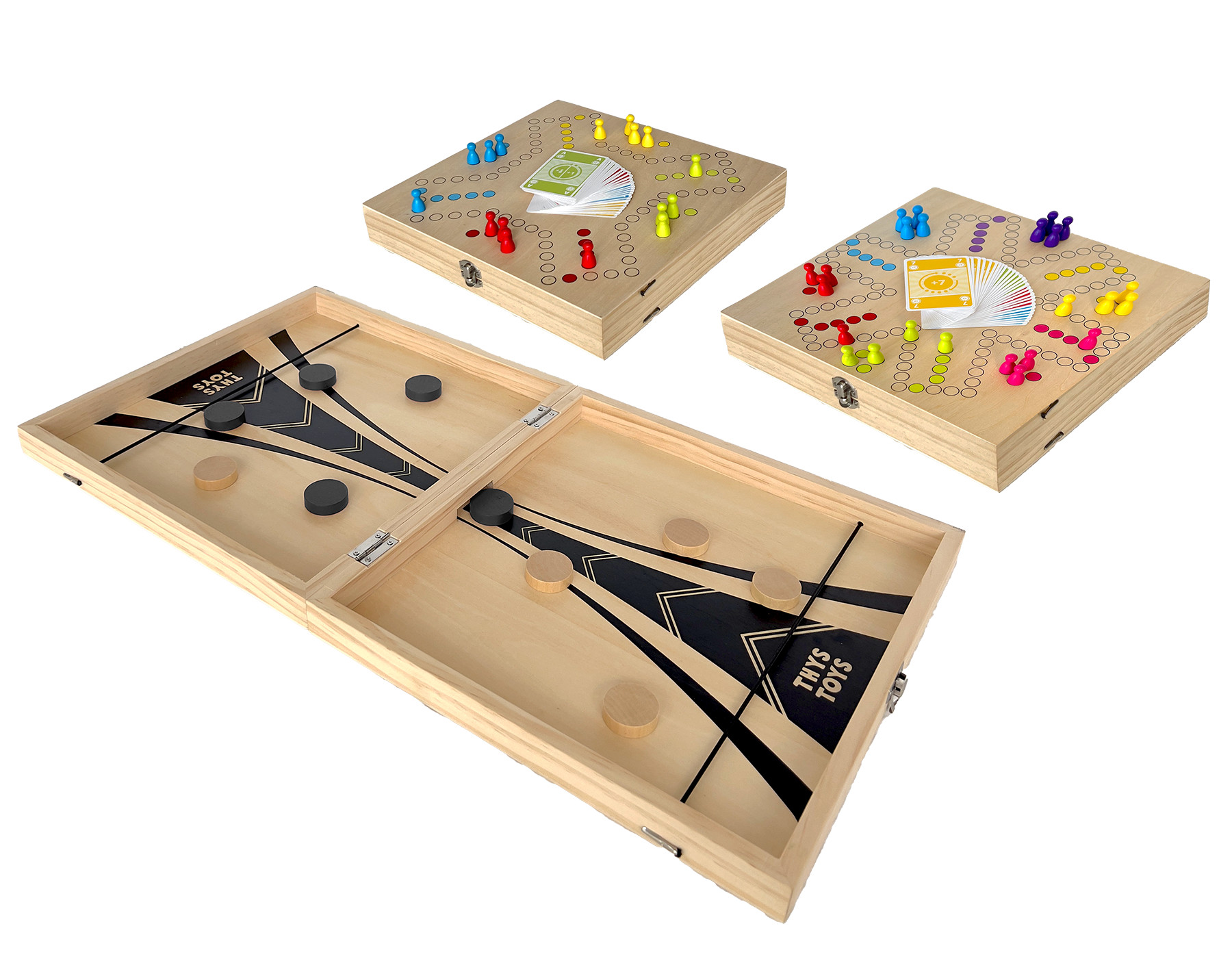 Keezenspel en Slingpuck XXL - Hout - Deluxe - Dubbelzijdig - Opklapbaar - 2 tot 6 Spelers - Tabletop Speed Shuffle 60x30 cm - Houten Keezen Bordspel 30x30 cm