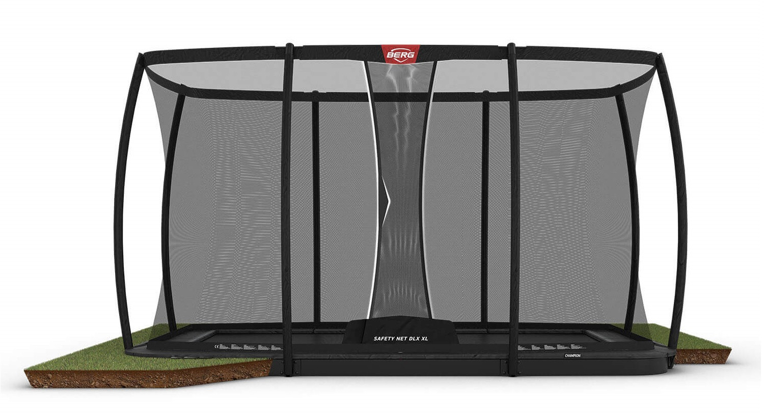 BERG Trampoline Ultim Champion met Safetynet Deluxe XL - FlatGround - 410 x 250 - Antraciet Grijs - met AirFlow PRO Springmat - Twinspring