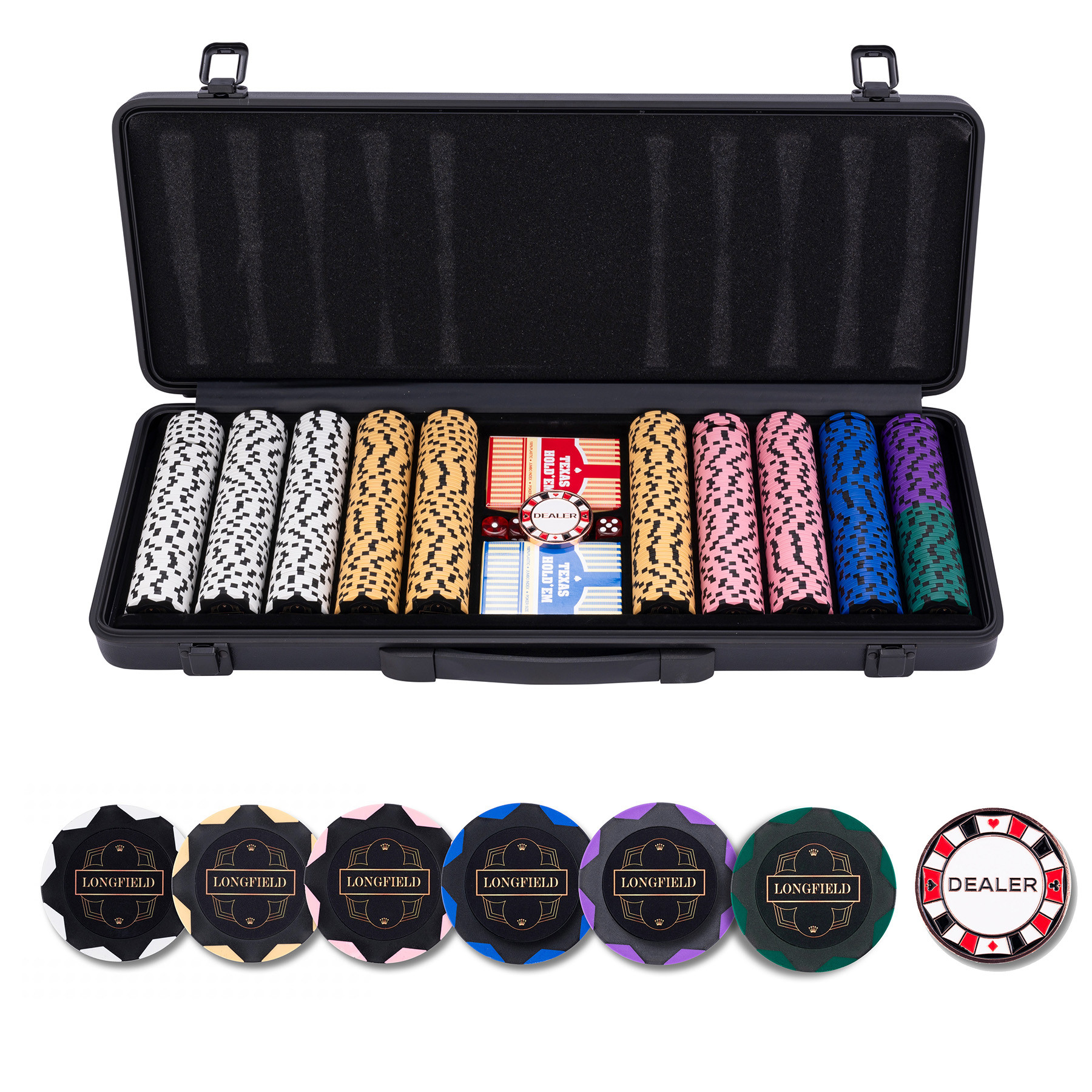 Pokerset in zwarte koffer - 500 chips zonder waarde (14 gram)