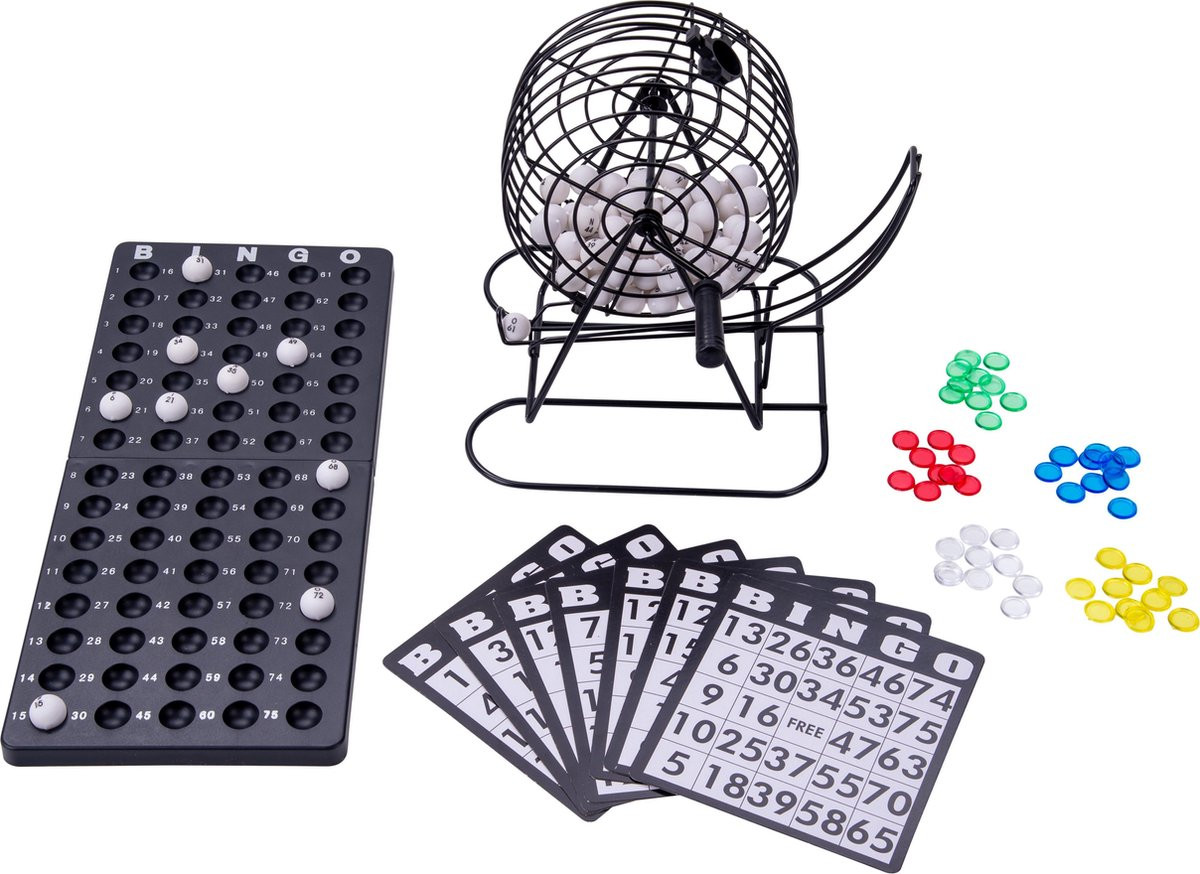 Bingomolen 20 cm - met 75 Ballen, Controlebord, Fishes en Bingokaarten - Korf 13,5 cm - Zwart