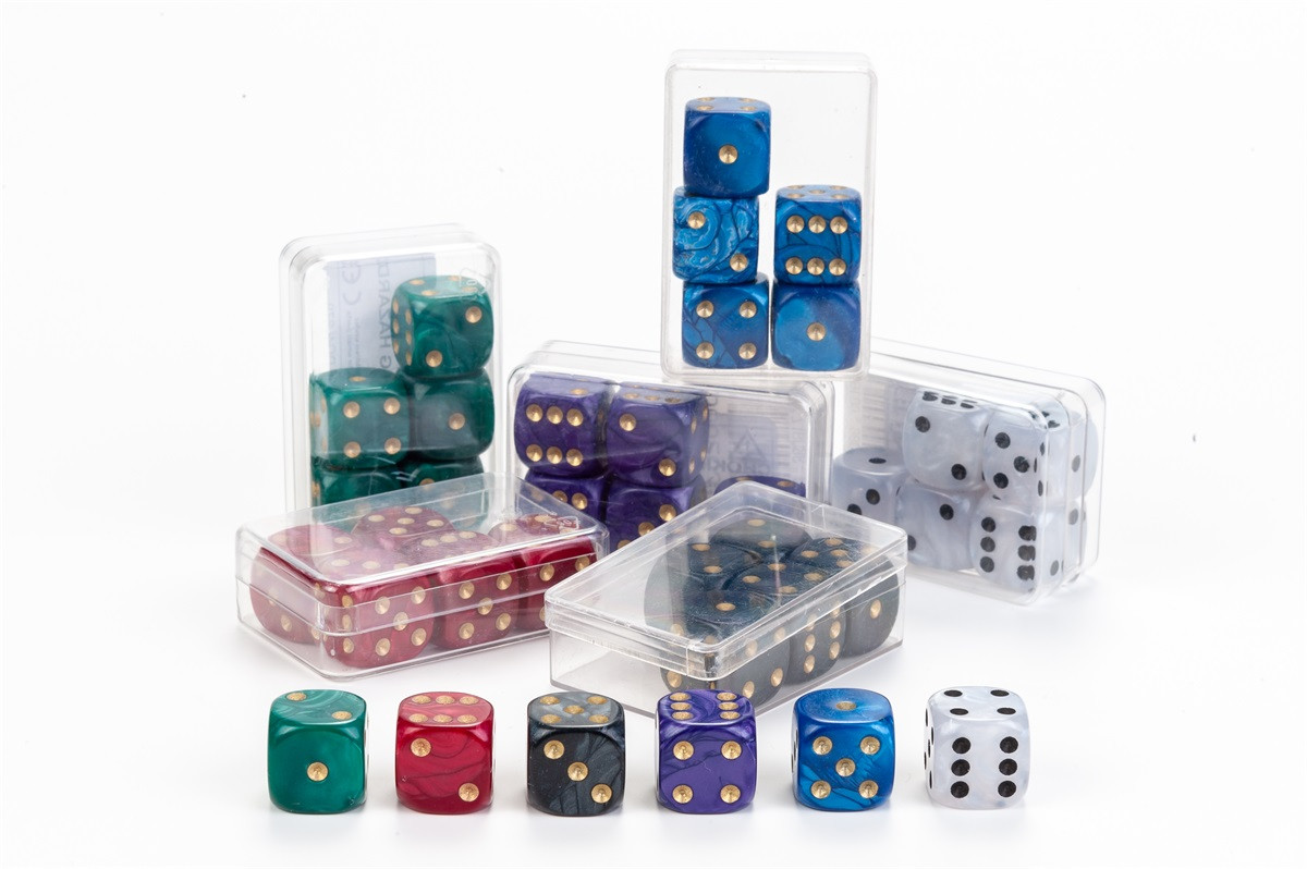 Set van 6 Doosjes Dobbelstenen - 6 Kleuren Parelmoer 