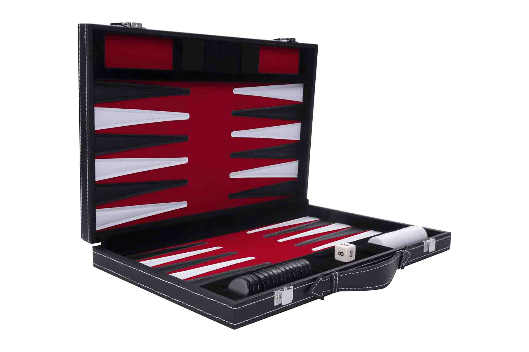 Backgammon Spel - 18 Inch - Rood Zwart  Wit Gestikt