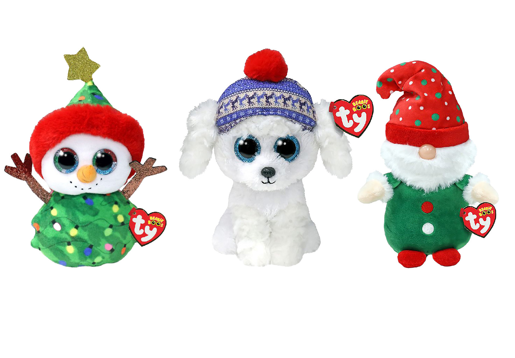 Ty Beanie Boo Kerst Knuffel - Bundel - met Sleighbell Dog, Snowman Tree en Gnolan