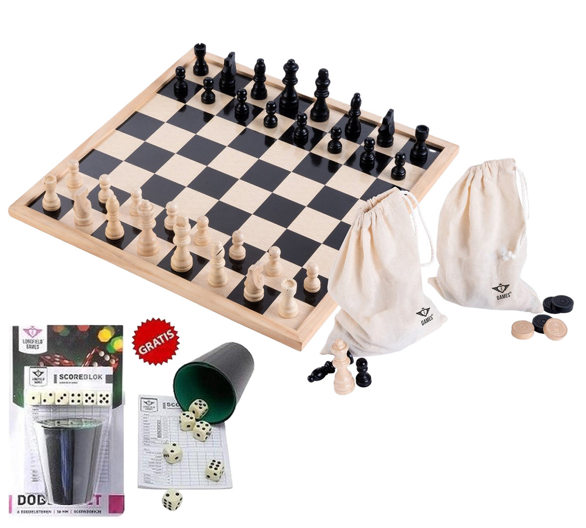 Longfield Compleet Dam- en Schaakspel - met dubbelzijdig spelbord en damstenen en schaakstukken + gratis dobbelset