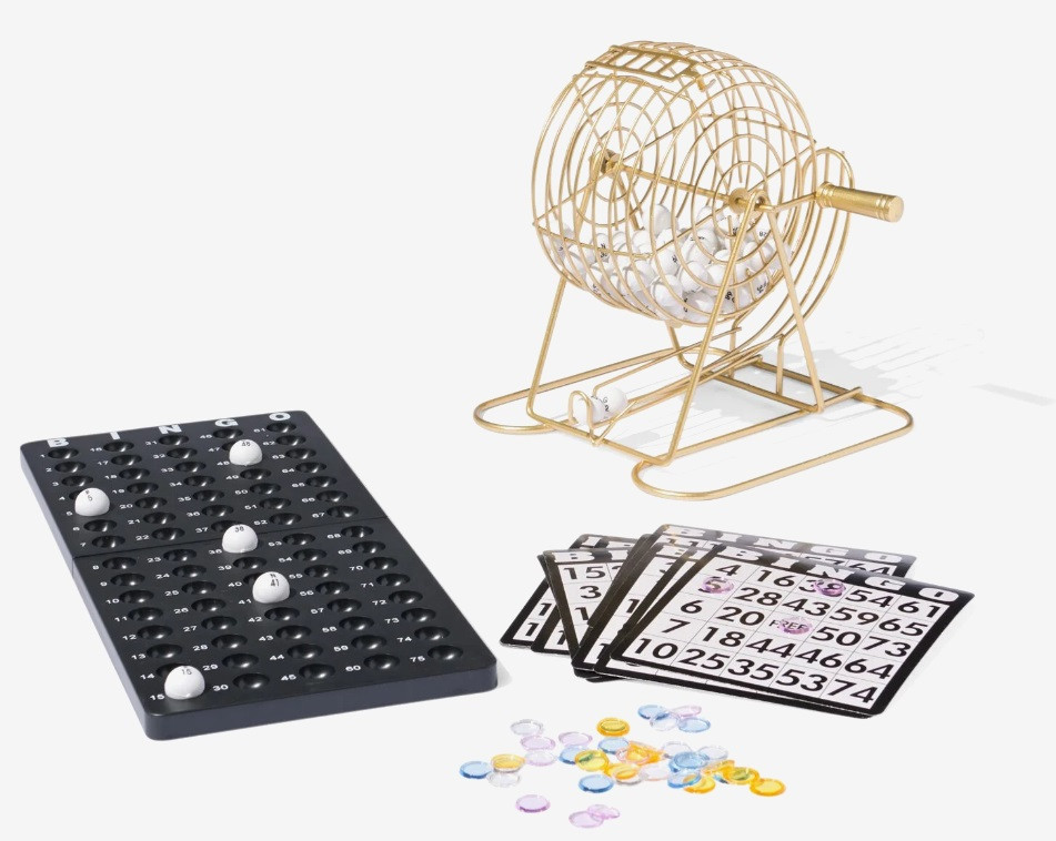 Bingomolen 20 cm - Bingospel - Metalen gouden molen - Complete set inclusief 75 Bingo ballen - Bingo kaarten - Fishes - Controle bord - Korf 13,5 cm