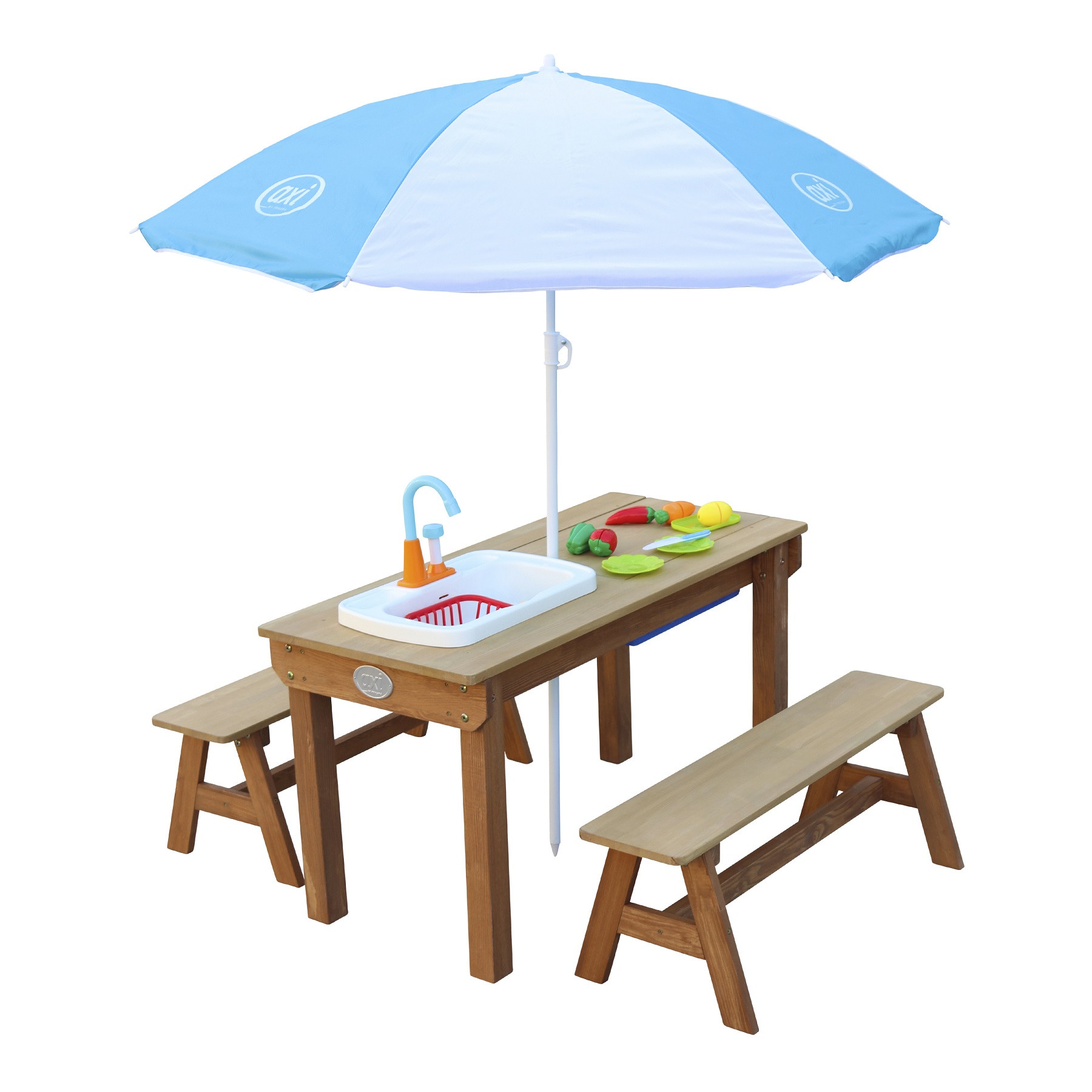 AXI Dennis Zand- en Watertafel - Picknicktafel met Speelkeuken, Wastafel en Losse Bankjes Bruin - Parasol Blauw / Wit