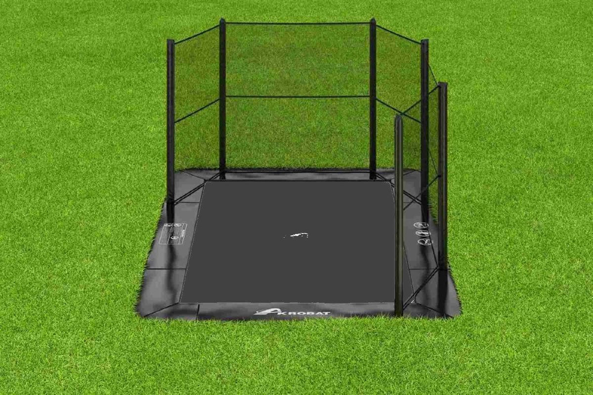 Akrobat Trampoline Primus met Half Veiligheidsnet - Flat to the Ground - 380 x 250 cm - Zwart / Zwart 