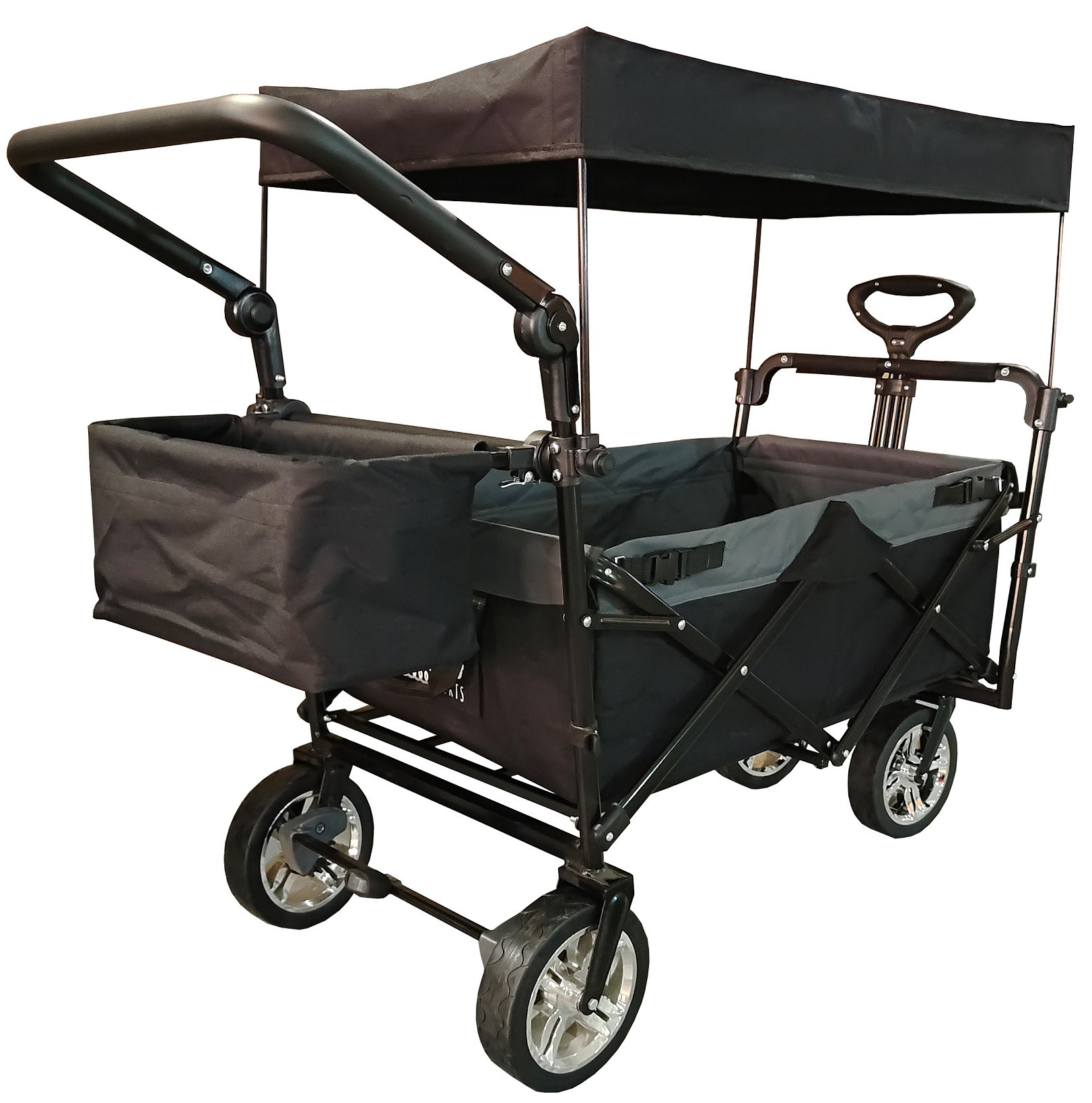 Bolderkar / Bolderwagen Deluxe - Opvouwbaar - met Massieve Luxe Wielen, Rem, Duwstang, Opbergvak en Huif - Zwart / Grijs