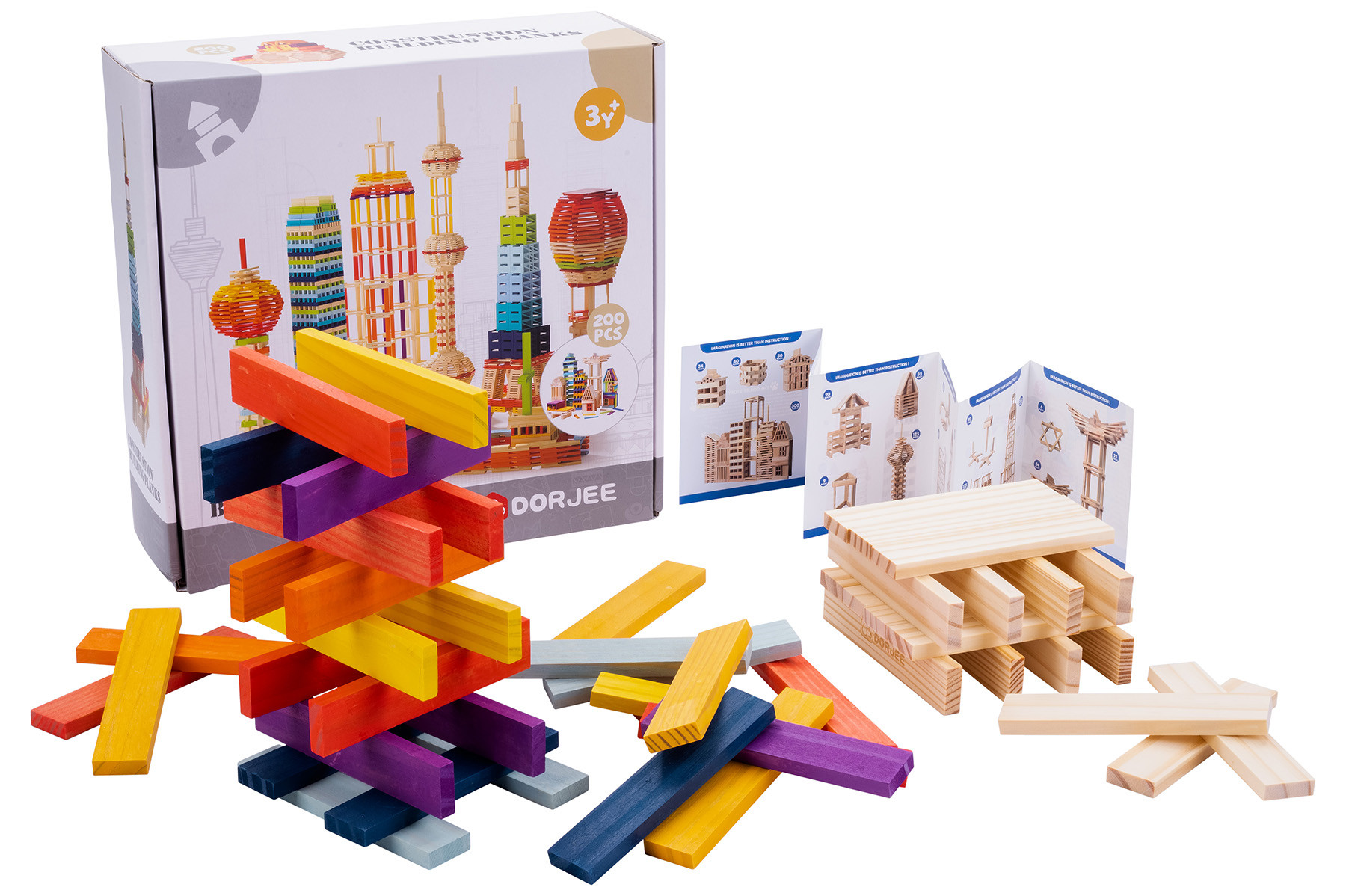 Dorjee Bouwplankjes set - 200 stuks - Hout - Multi kleur