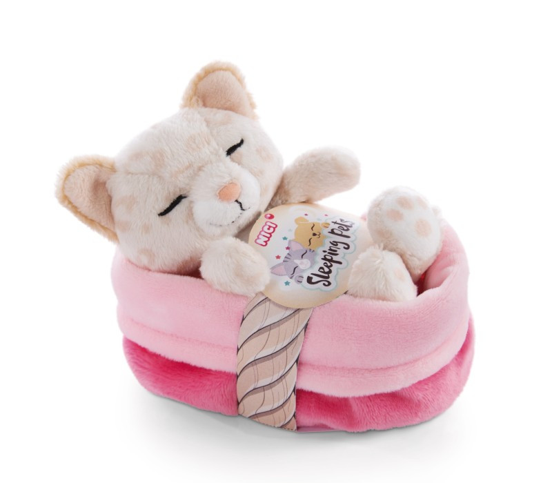 Nici Sleeping Pets Knuffel - Kat met Luipaardmotief Slapend in Mand - 12 cm