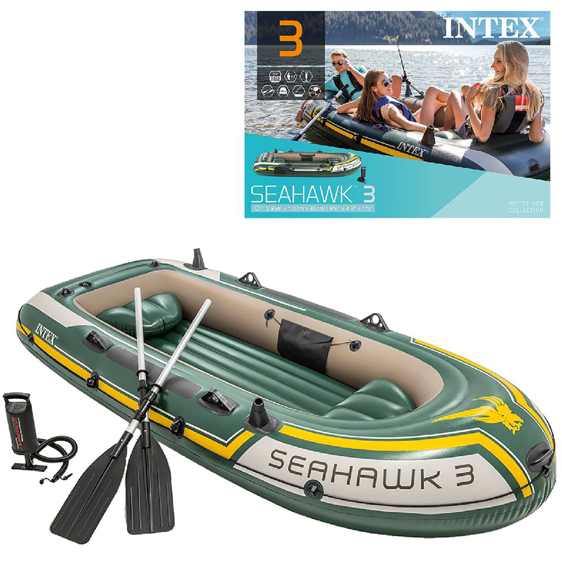 Intex Opblaasboot Seahawk 3 - 3 Personen - 295 x 139 x 43 cm - met Peddels en Pomp