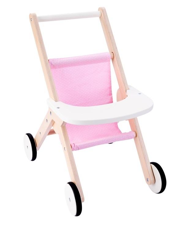 Poppen Wandelwagen - Roze en Wit - Hout - Poppenwagen