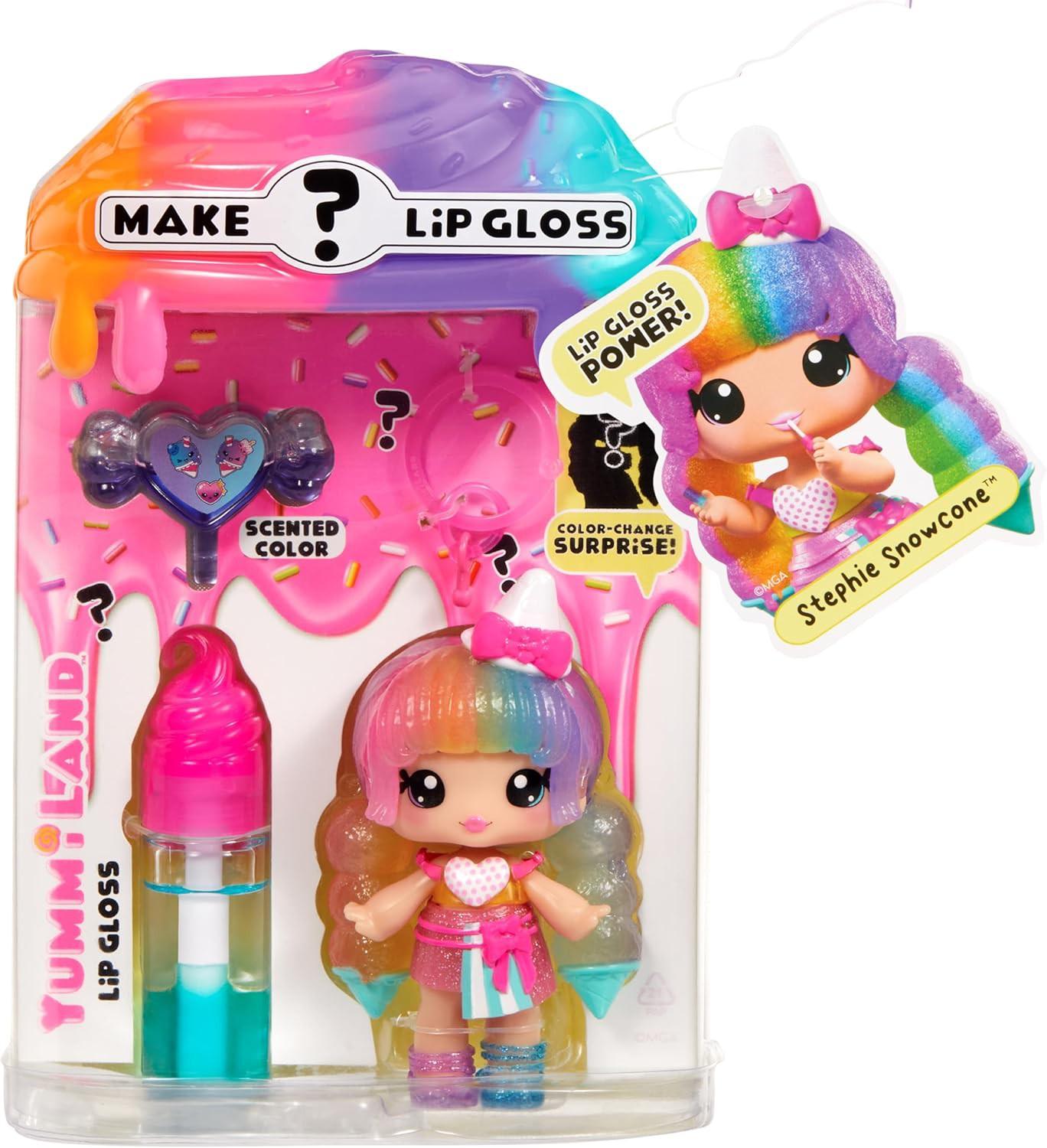 Yummiland Lip Gloss Doll: Mystery Color Change - Stephie Snowcone - Inclusief 1 pop, DIY Lip Gloss + Afneembare Sleutelhanger, Cosmetisch Spel, Verzamelbaar