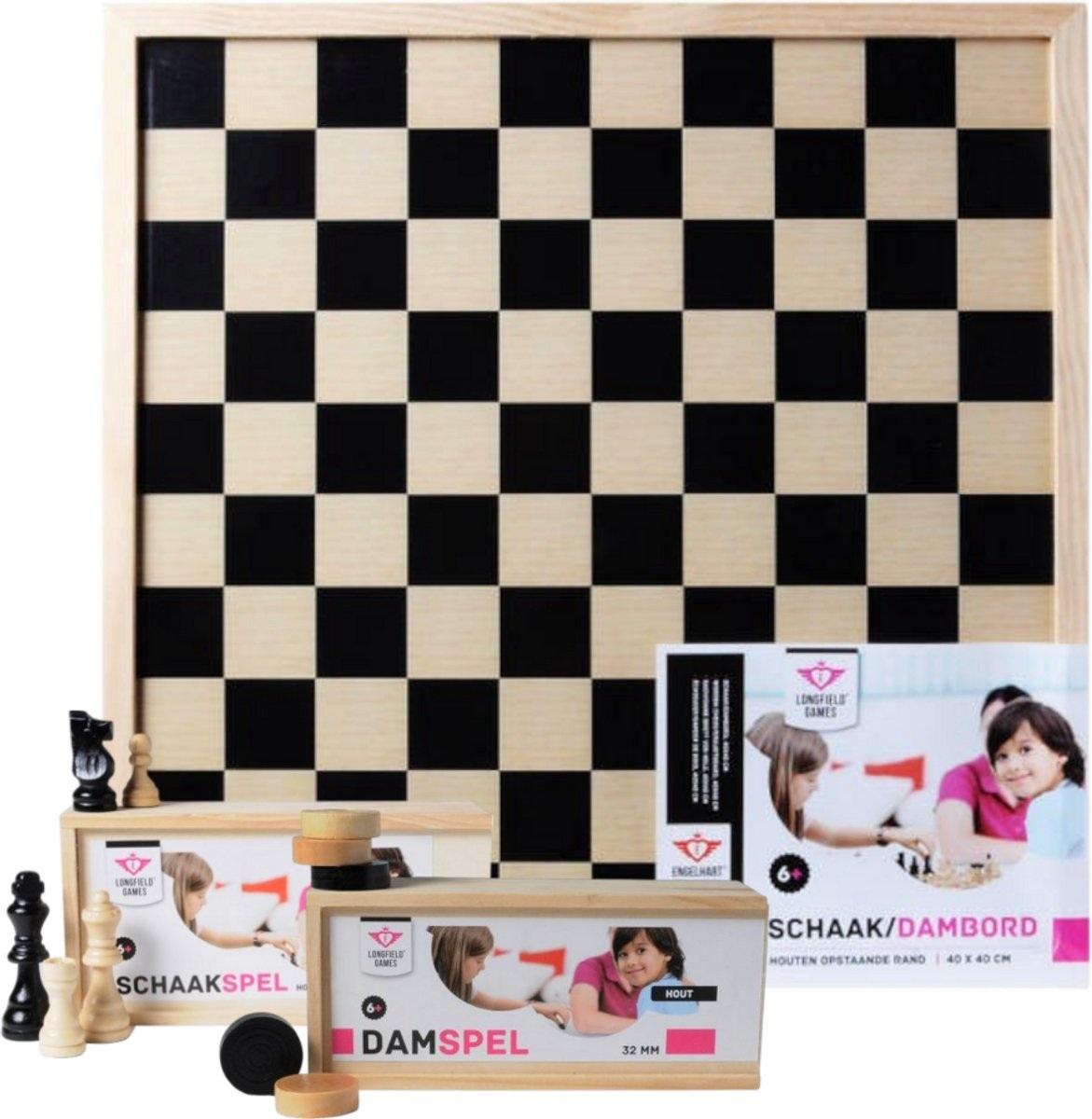 Houten dam- en schaakbord met schaakstukken en damstenen - compleet inclusief gratis houten opbergkistjes -kadoset