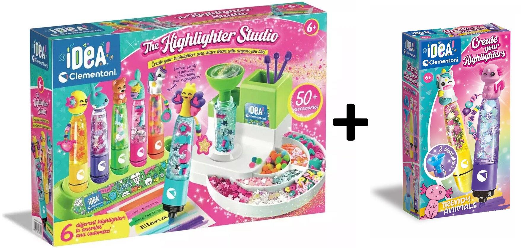 Clementoni iDea - Markeerstiften Creatiestudio + Uitbreidingsset Highlighter Creator – Trendy Animals - Bundelpakket