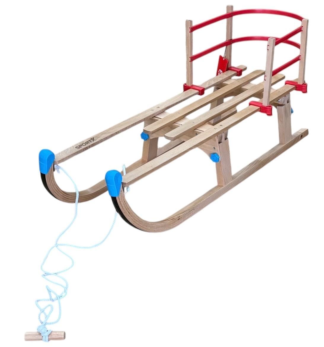 SportX Vouwslee met Trekkoord - Slee - Slede - Opklapbaar - XL - 110 cm - Hout - Blauw met Rode Rugleuning
