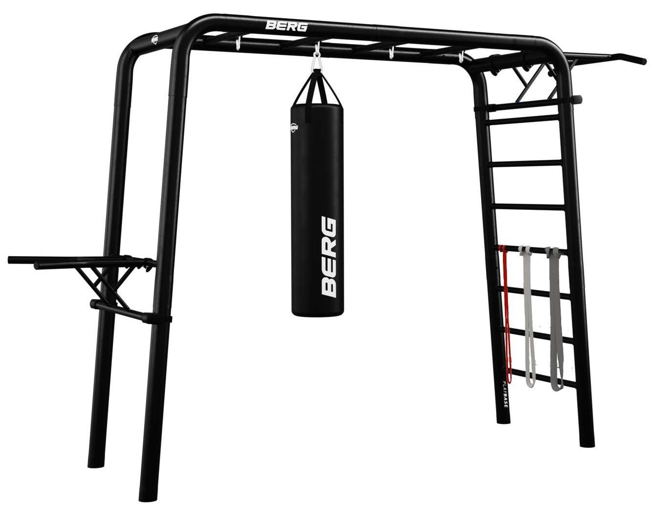 BERG PlayBase Medium TL 3-in-1 Speeltoestel - met Rekstok, Ladder - SPORTS SET - met dipstang, trekstang, sport elastieken en bokszak 