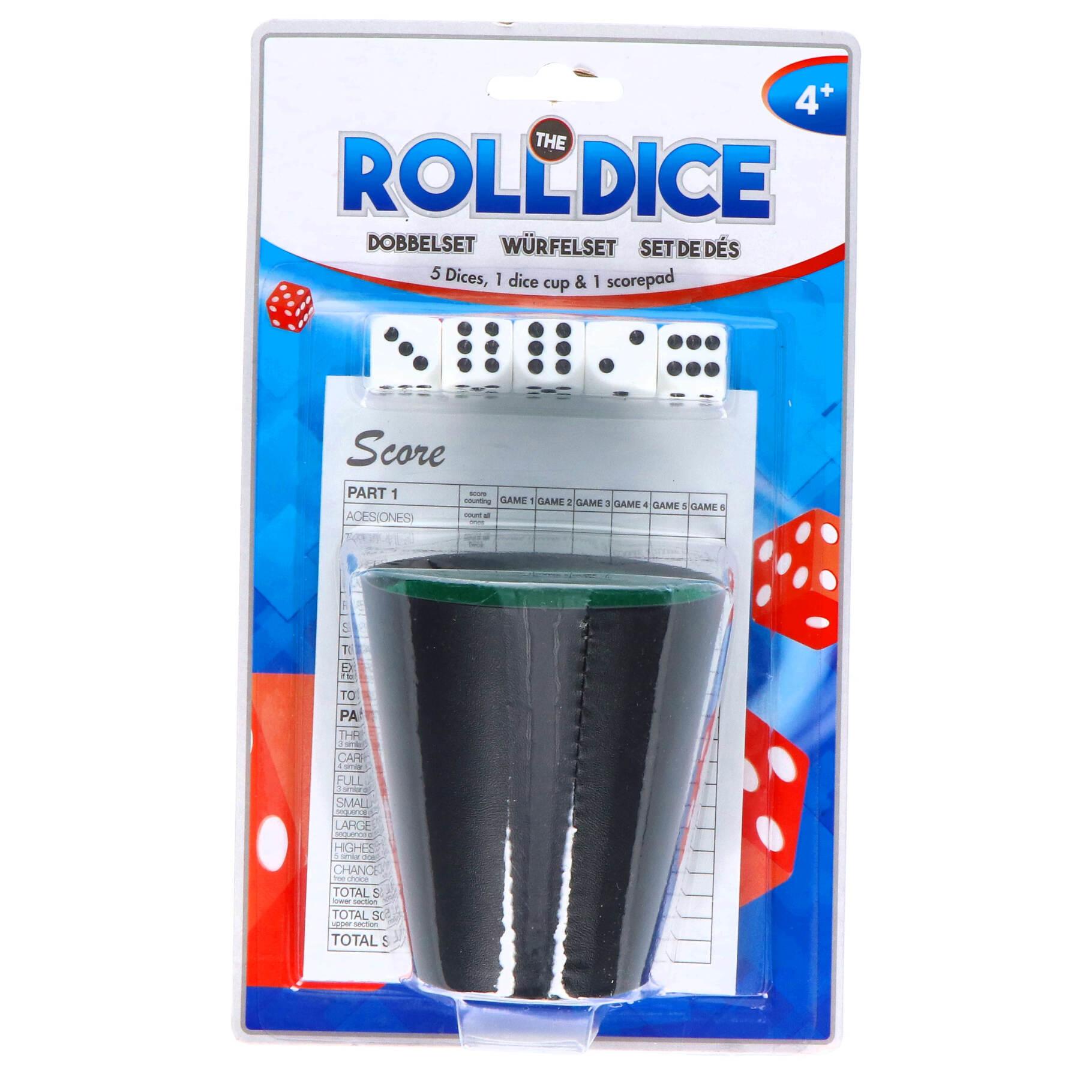 Dobbelset Spel Compleet met 5 Dobbelstenen Dobbelbeker en Scoreblok op Blister
