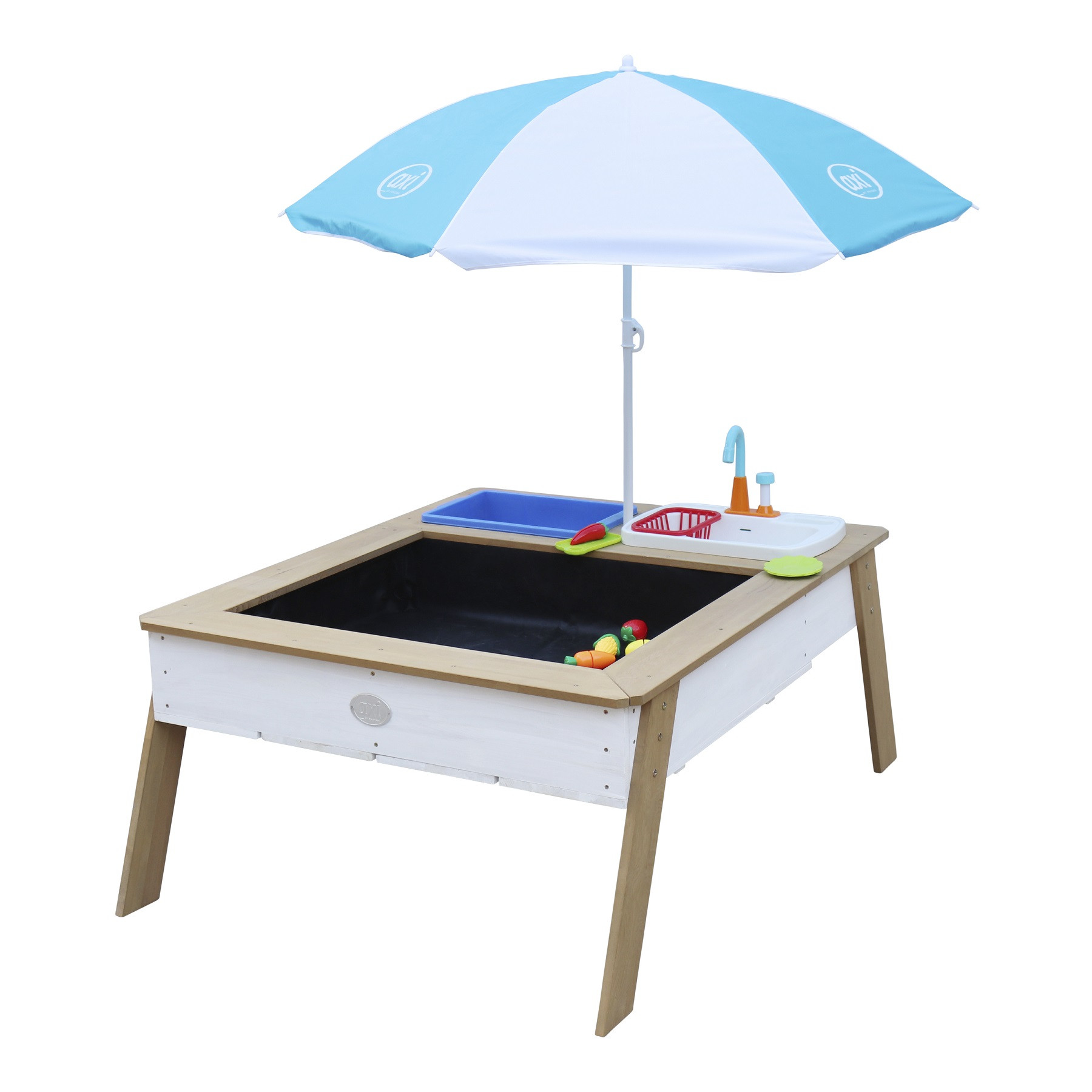 AXI Linda Zand & Water Tafel met Speelkeuken en Wastafel - Bruin / Wit met Parasol Blauw / Wit