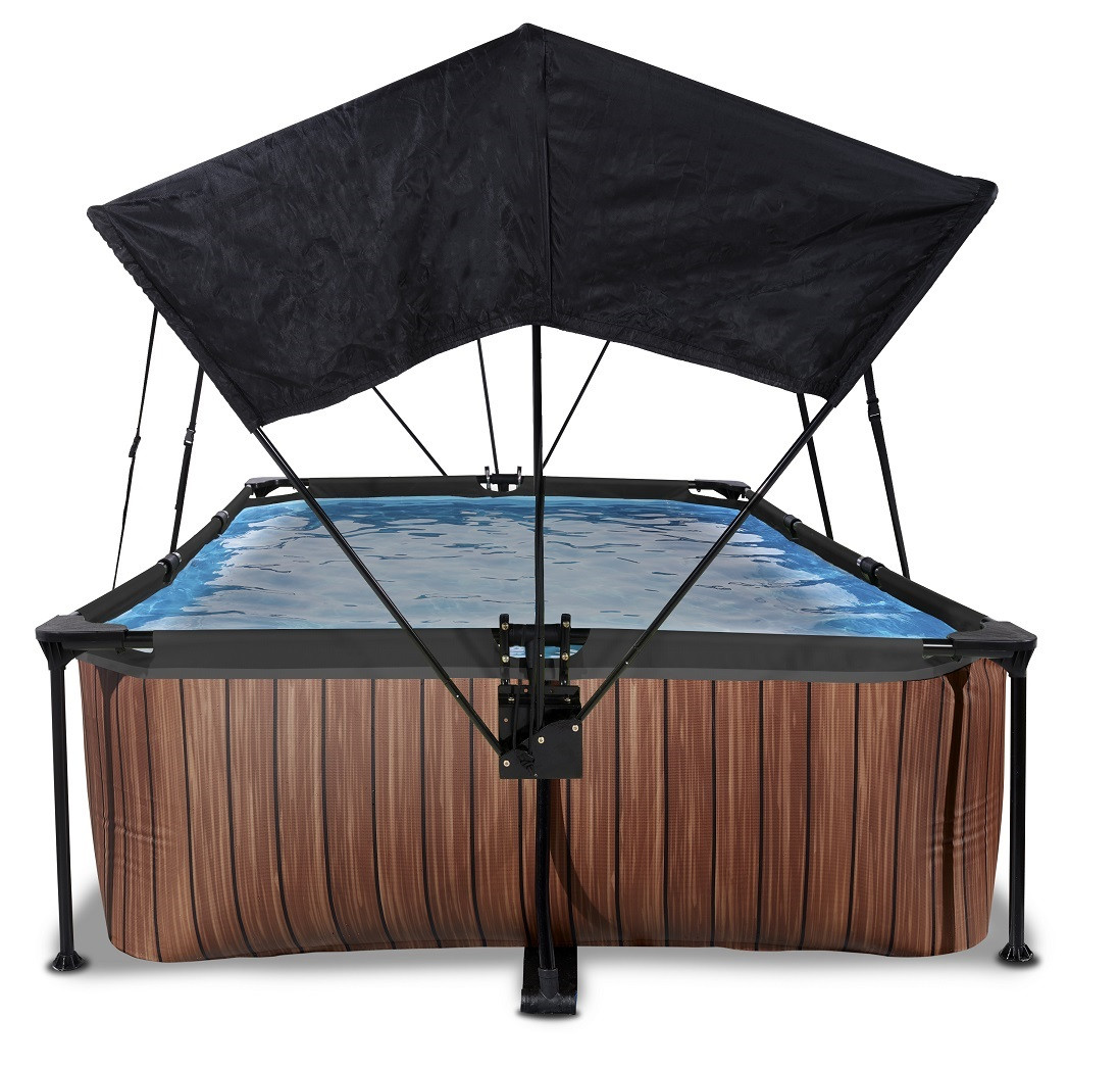 EXIT Frame Zwembad - Wood - 220 x 150 x 65 cm - met Zonnedak en Cartridge Filterpomp - Bruin